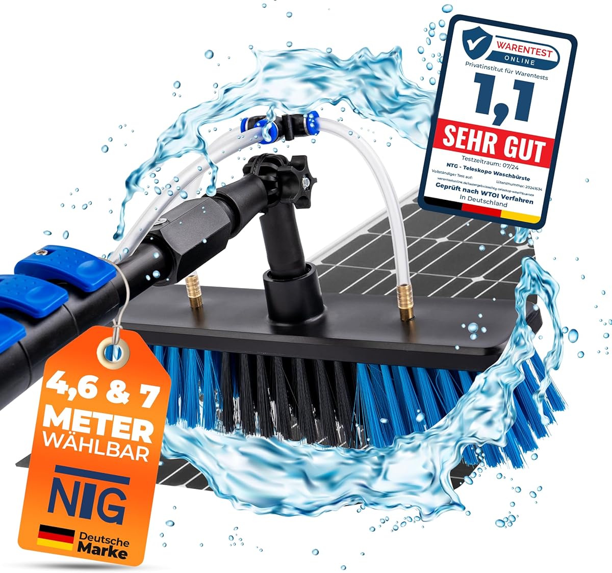 Teleskopwaschbürste zur Reinigung von Solaranlagen und Fenstern | in 4,6 Meter u. 7 Meter Ausführung |+ Wasseranschluss und Seifenspender | Teleskopstange | Photovoltaik | Wintergarten (Bis 4,6 Meter)