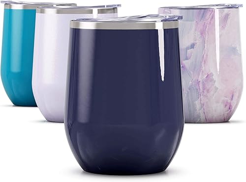 Maars Bev - Vaso de vino de acero inoxidable sin tallo con tapa aislado al vacío de 12 onzas a prueba de derrames apto para viajes vasos clásicos de