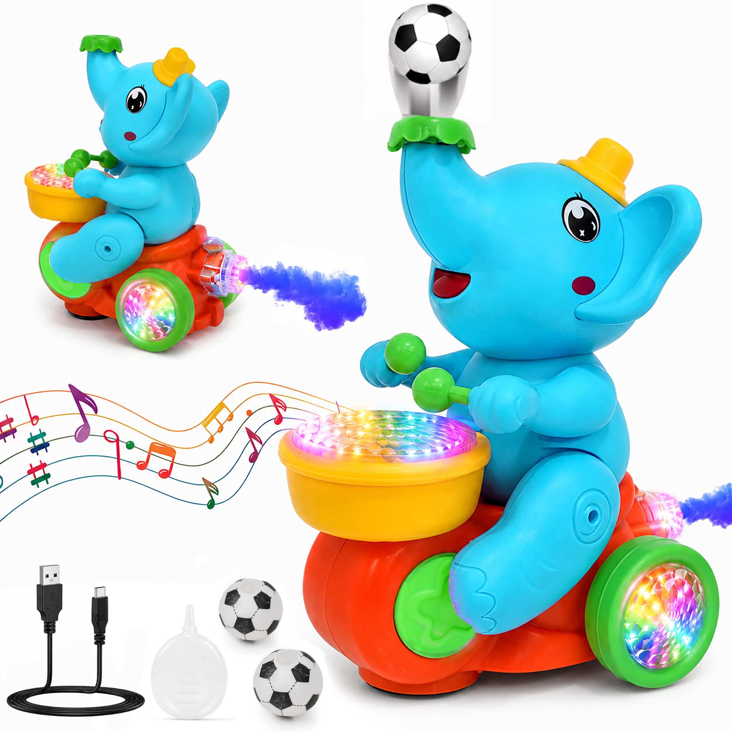 Gooyo GY-3060ESP Musical & Dancing Elephant Toy with Smoke Effect, Colorful Lights, Bump & Go Action, Ball Blowing Fun Feature | Blue, Power Source : Rechargeable Battery (Included)-image-6