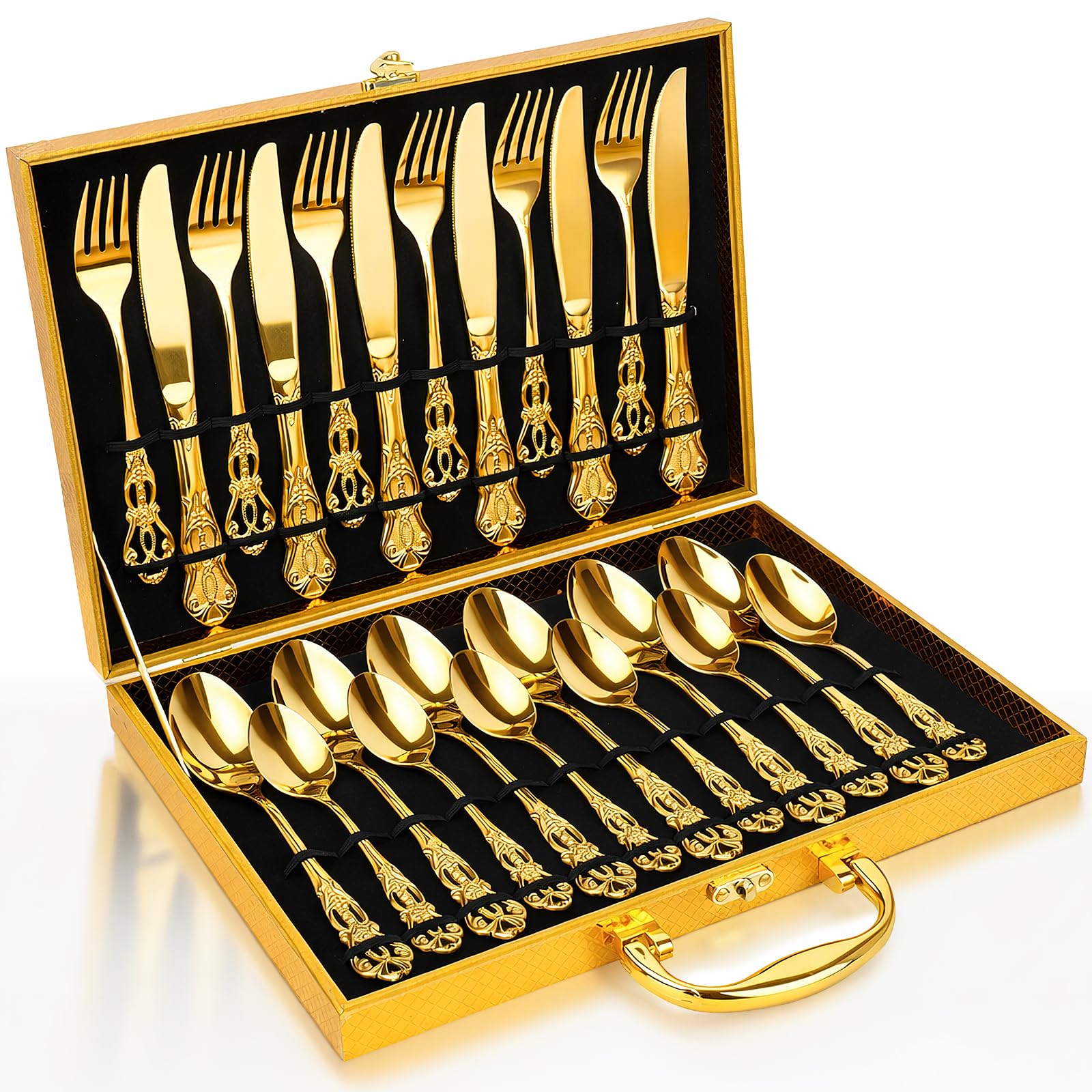 24-teiliges goldfarbenes Besteck-Set mit Aufbewahrungskoffer, Premium-Edelstahl-Besteckservice für 6 Personen, inklusive Gabeln, Messer und Löffel, spülmaschinenfestes Geschirr für Geschenke und