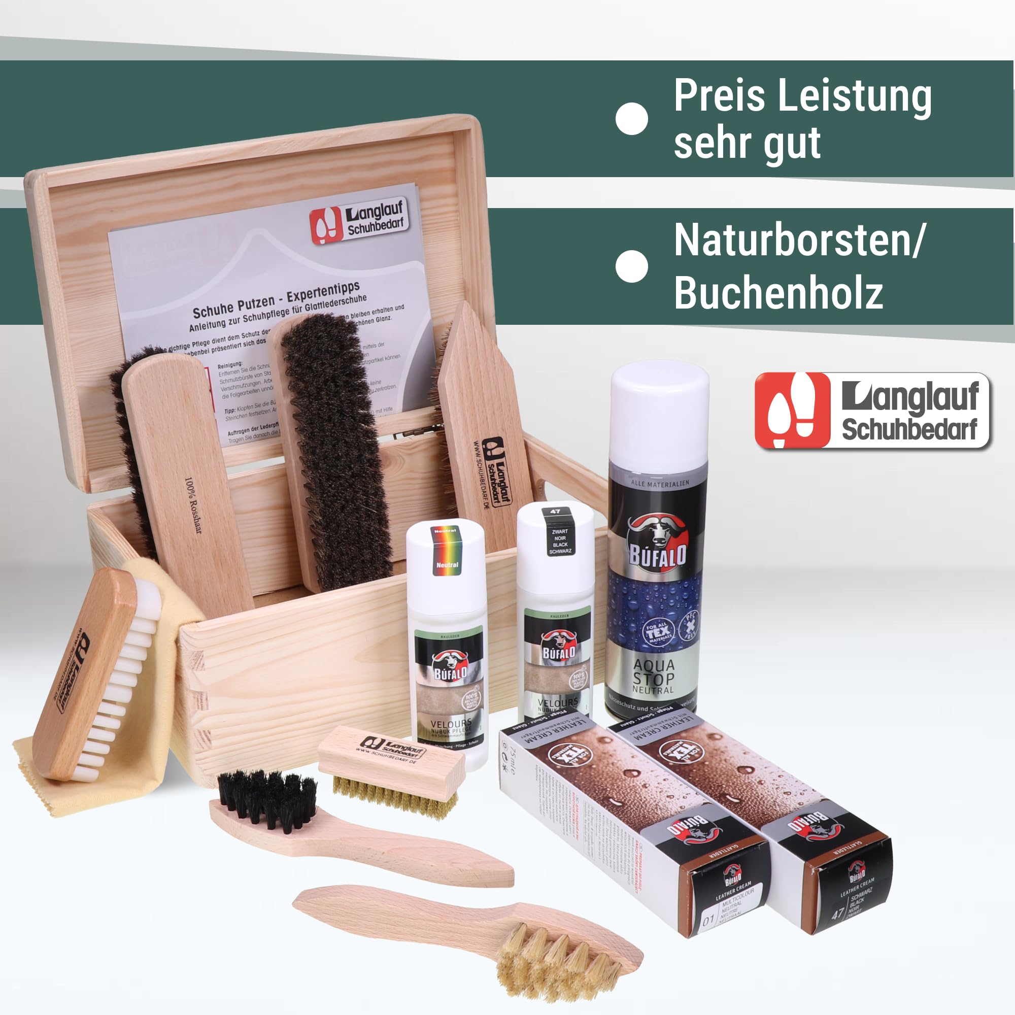 Langlauf Schuhputzset Bologna 15-teilig mit Bürsten, Cremes und Holzkasten | Schuhpflegeset mit Rosshaar-, Nubuk- und Wildlederbürsten sowie Pflegeprodukten für Glattleder, Nubuk und Veloursleder
