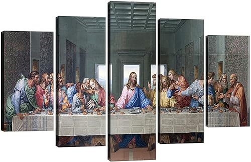 Fu-Keivy Lienzo decorativo de pared con texto en inglés The Last Supper de Jesús, cuadros para comedor, cocina, 5 piezas, pintura con marco de madera