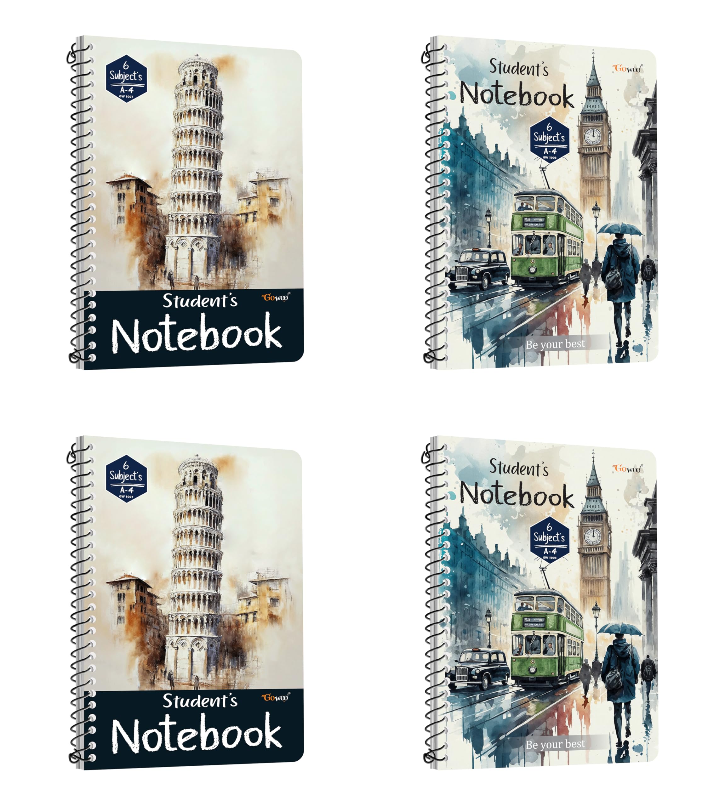 GOWOO Lot de 4 cahiers à spirale lignés au format A4 || 800 pages || 4 x 200 pages par carnet || Livre d'entraînement quotidien