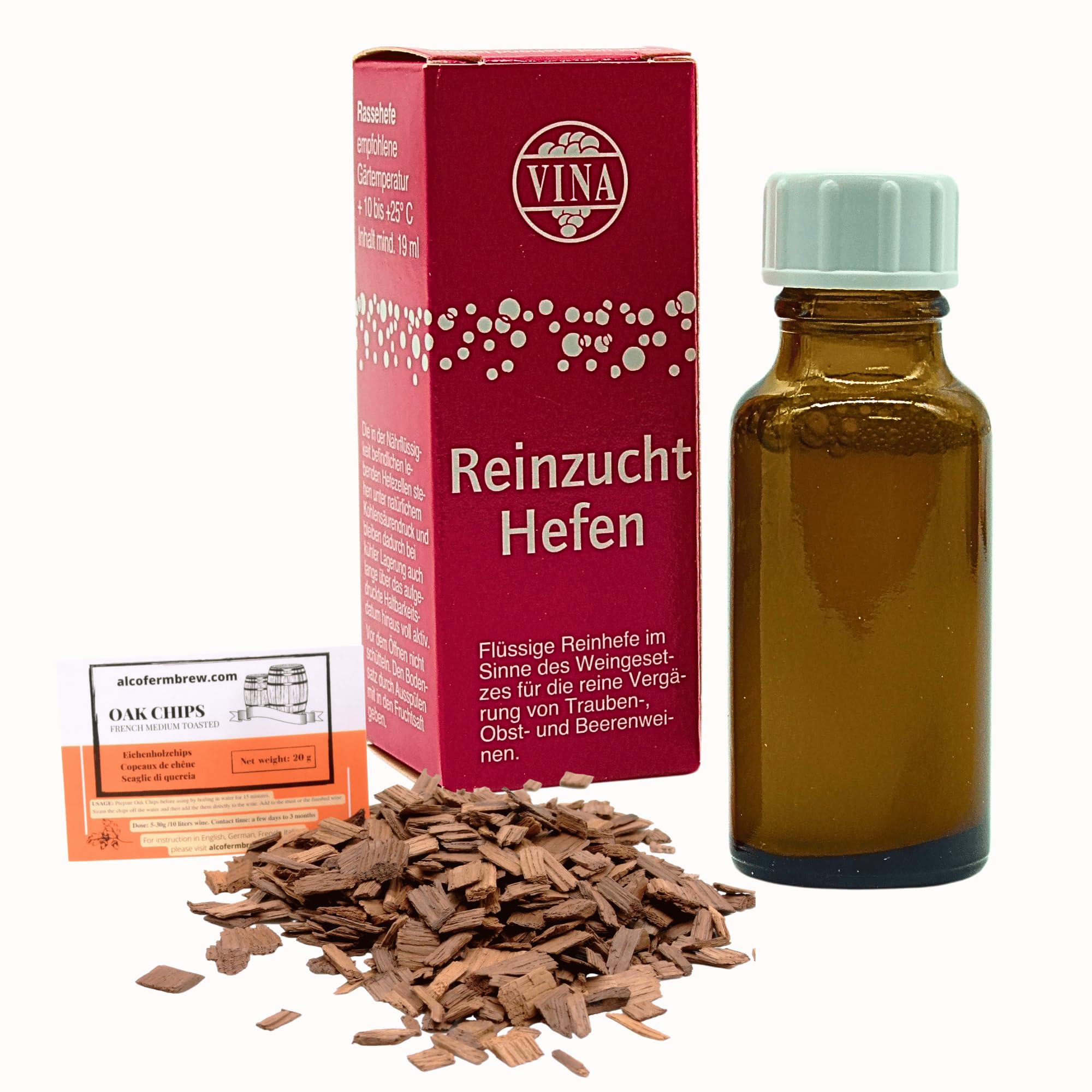 AlcoFermBrew Tokay Liquid Wine Yeast 19ml for 50L + Oak Chips, Vina Yeast for Wine