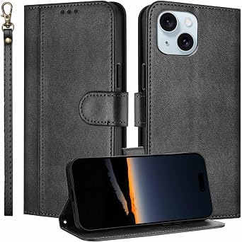 Wallet Case for iPhone 15 with Card Holder & Wrist Strap Black