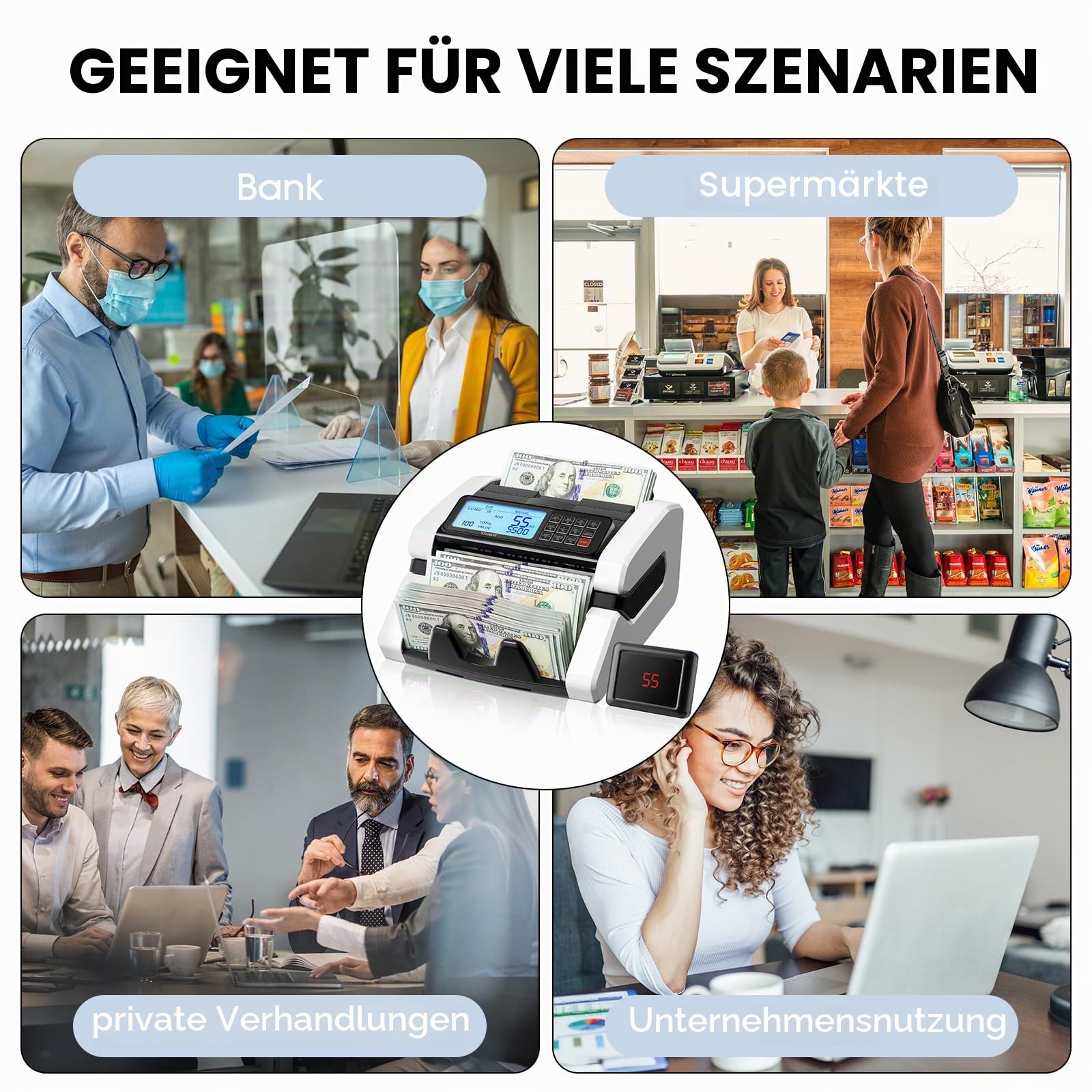 Geldscheinzähler mit LCD-Display STANEW, Multimodus-Zählung mit Einzelstückelungssummen, UV/MG/IR Erkennung, Geschwindigkeit >1000 Stück/min, geldzählmaschine für EUR/USD/GBP