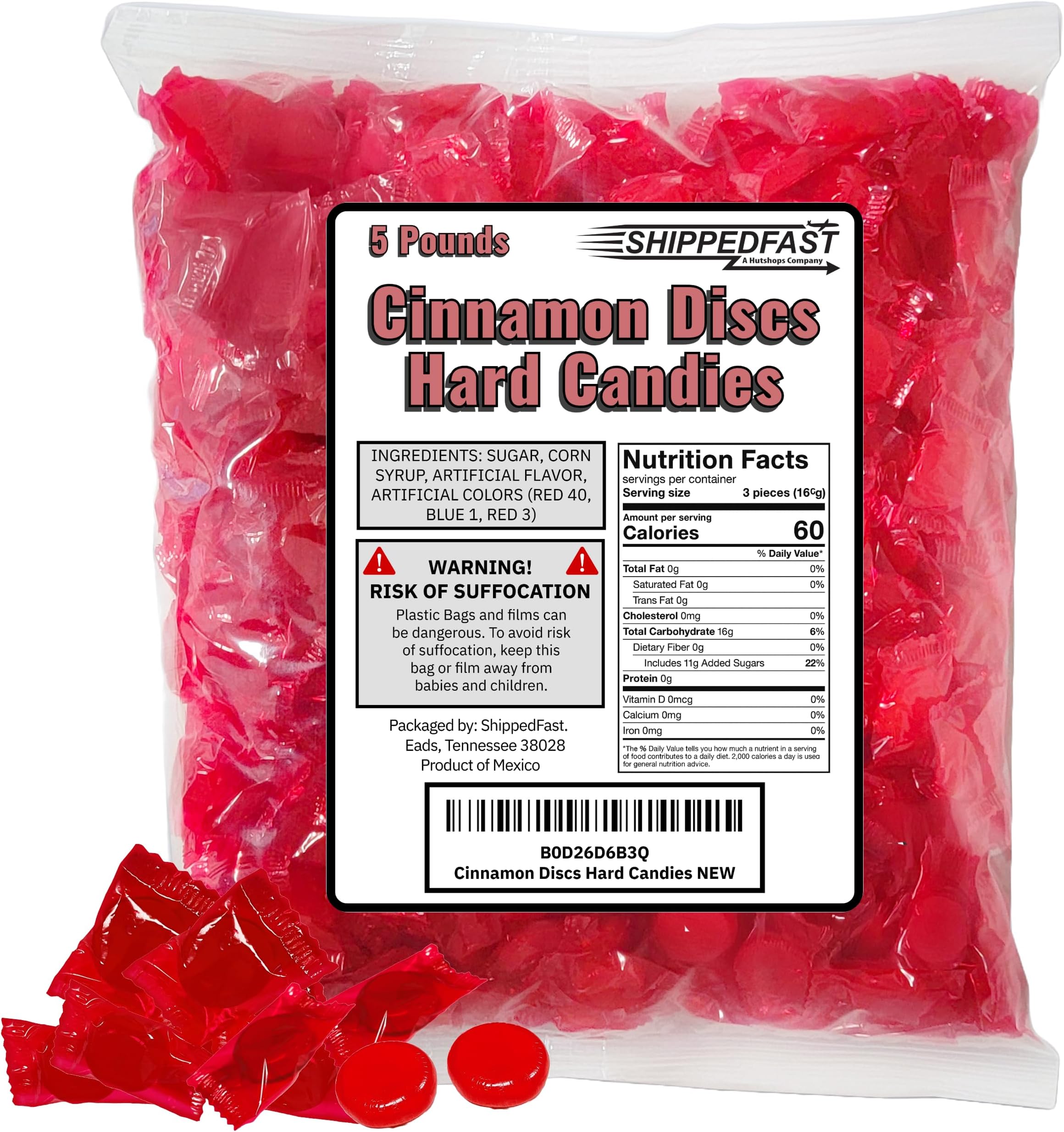Cinnamon Discs Hard Candy-Individually Wrapped-Cinnamon Candy Disk (5 Pound-Bulk)