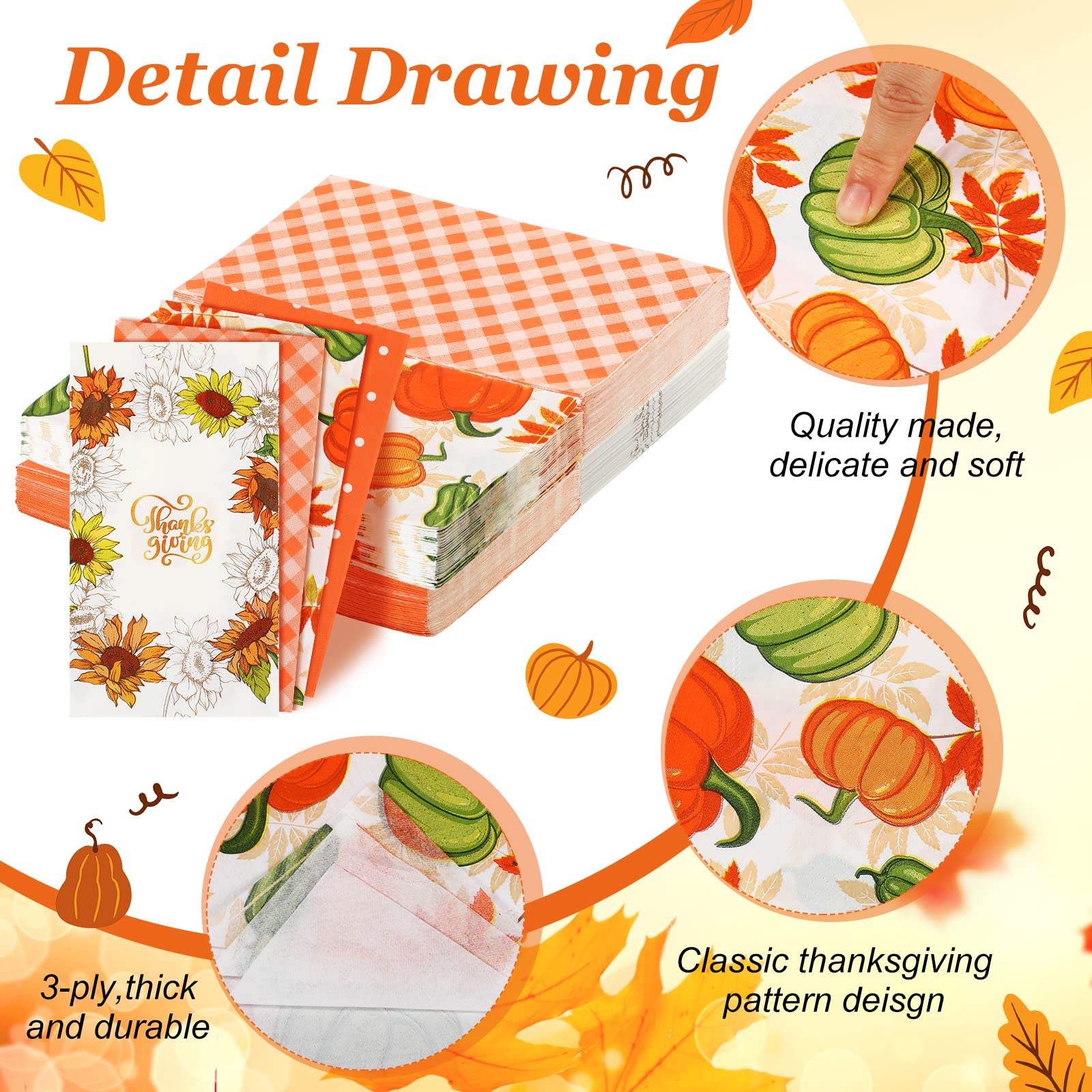 Whaline Happy Fall Guest Napkins Orange Brown Paper Napkins Autumn Disposable Guest Hand Napkin Towel For Thanksgiving Party Supplies Bathroom Table Decor,80Pcs