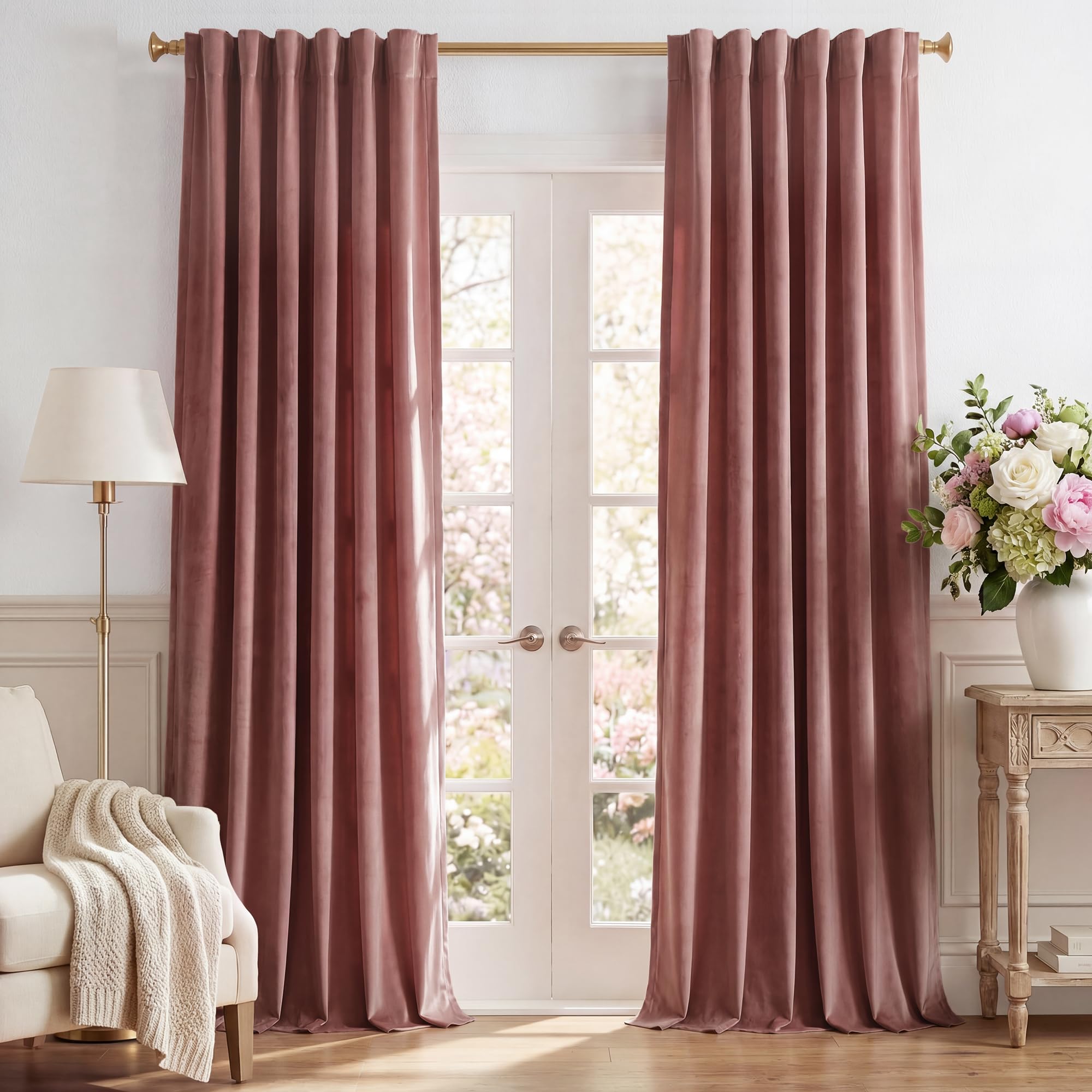 Photo 1 of StangH Wild Rose Mauve Velvet Curtains 90 inches Long Living Room Thermal Insulated Window Drapes Privacy Protect Curtain for Nursery Kids Bedroom, W52 x L90, 2 Panels