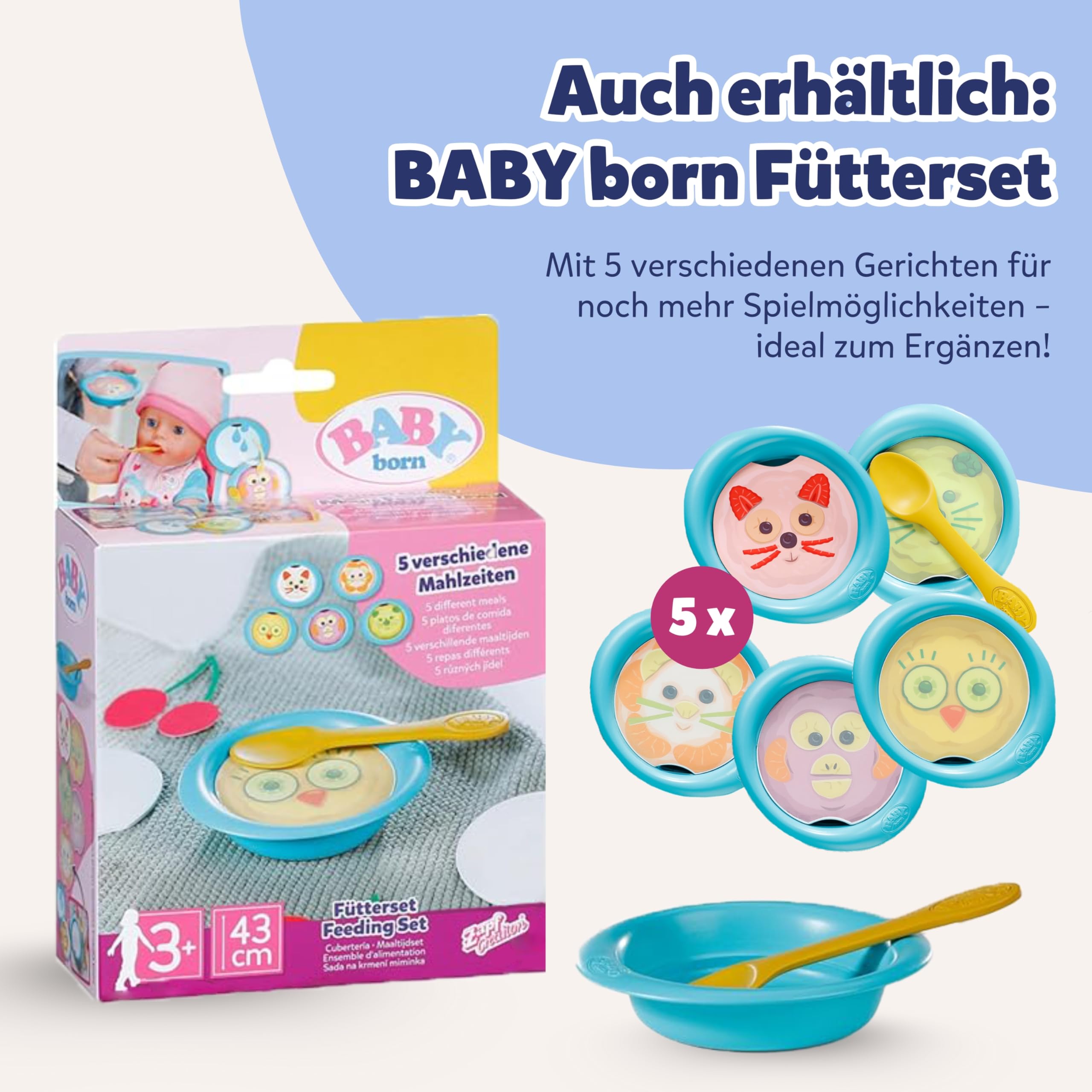 BABY born Stół do karmienia z funkcją oświetlenia i dźwięku, z ponad 10 różnymi potrawami i napojami, dla lalek 43 cm, 840634 Zapf Creation