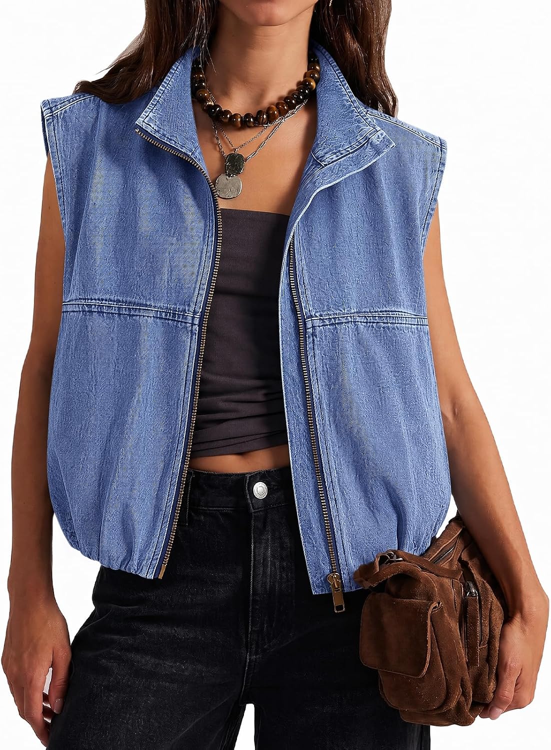 Tankaneo Womens Zip Up Denim Vest Jean Top Summer Casual Sleeveless Jacket | Oversized, Ruched Hem, Trendy