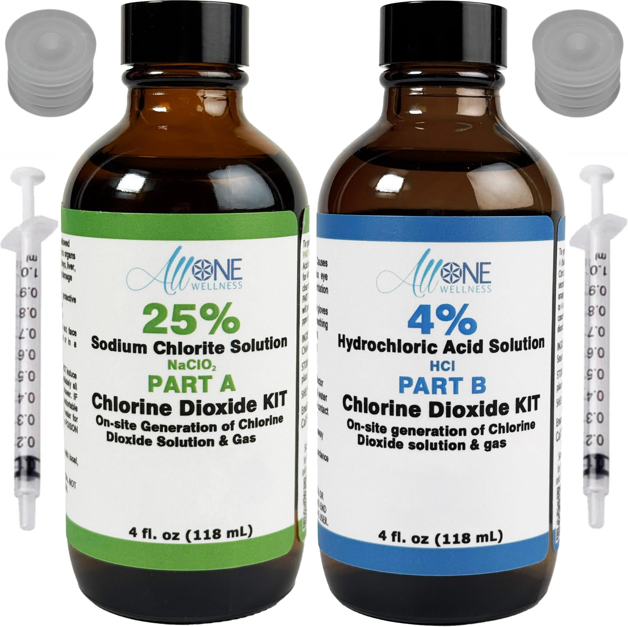 Chlorine Dioxide Kit Sodium Solution 25% HCL 4% 2 Part KIT Glass Bottle 4 oz - Allone Wellness