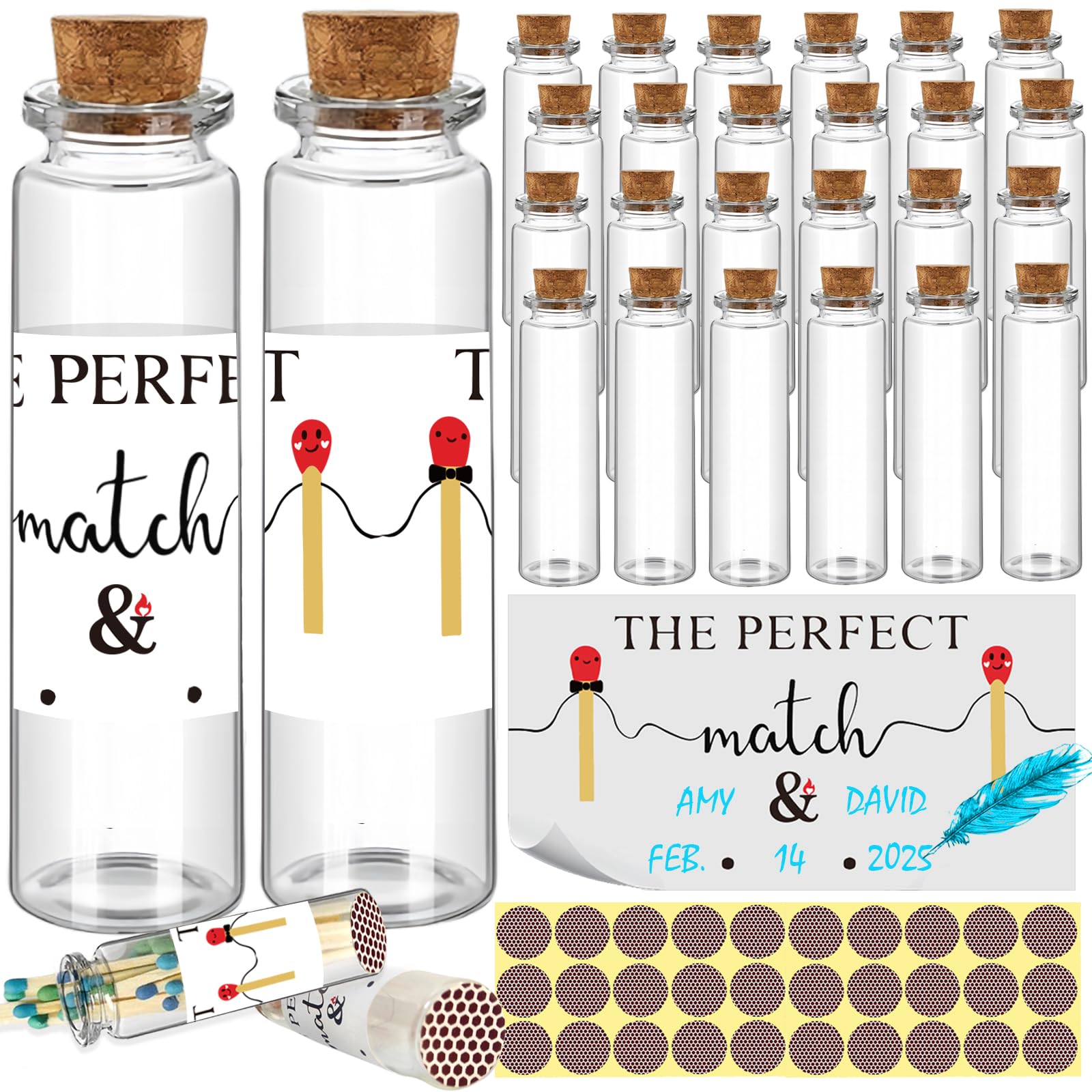 26 Set of Empty Match Jars with Cork Top and 30 Striker Stickers + DIY Wedding Themed Stickers for Bridal Shower Party 