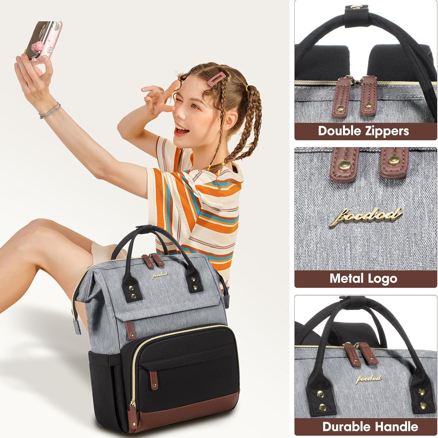 Laptop Backpack for Womem Work Bags: 18 Inch Travel BackPacks With USB Charging Port Anti Theft Durable Back Pack Fashion College BookBag Purse Bussiness Daypack for Nurse Teacher Black Grey Brown - Image 4