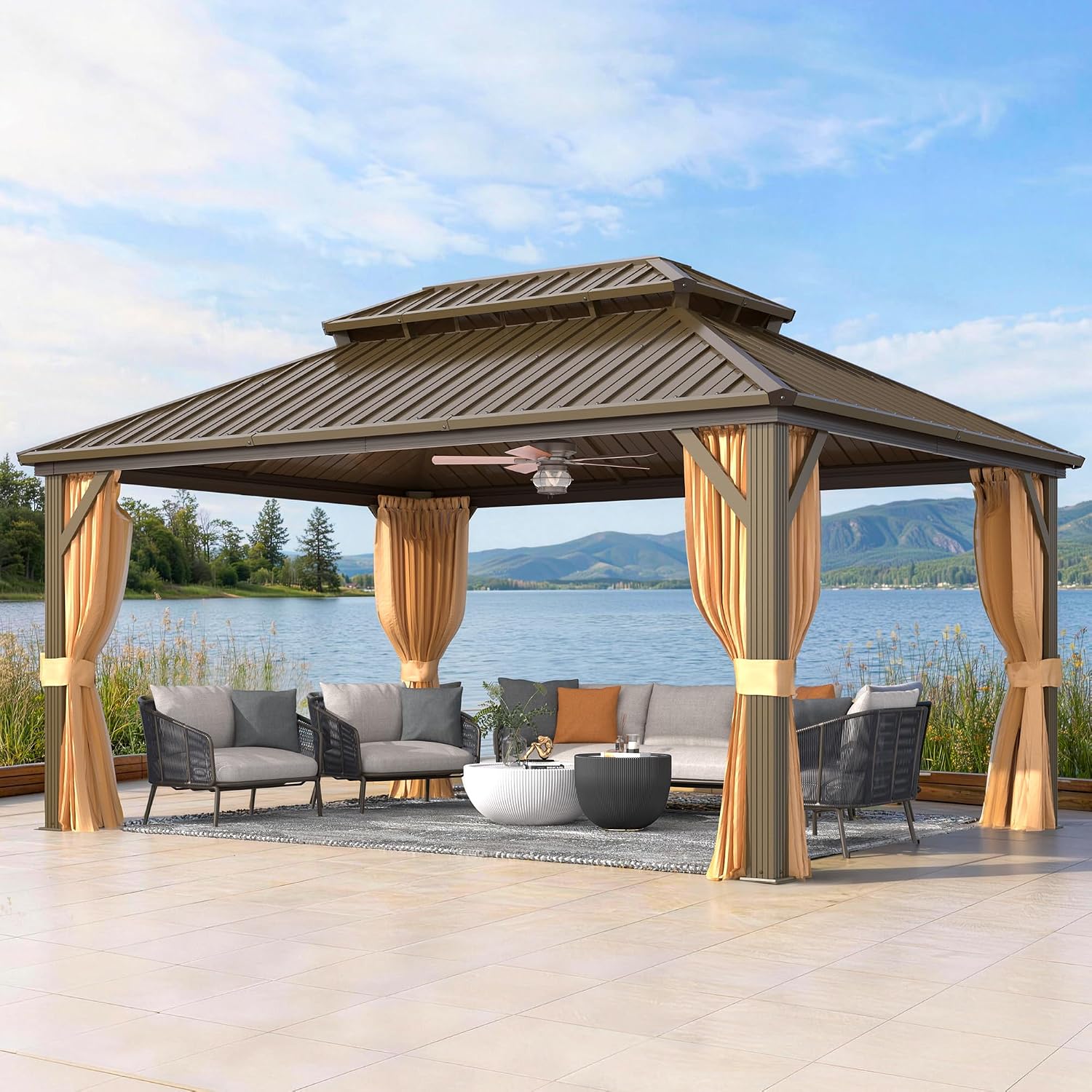 EROMMY 12X16FT Hardtop Gazebo, Outdoor Pergolas with Mosquito Netting and Curtains, Double Galvanized Steel Roof Permanent Aluminum Gazebo w/Sturdy Hooks for Patio, Deck, Backyard, Lawn, and Garden