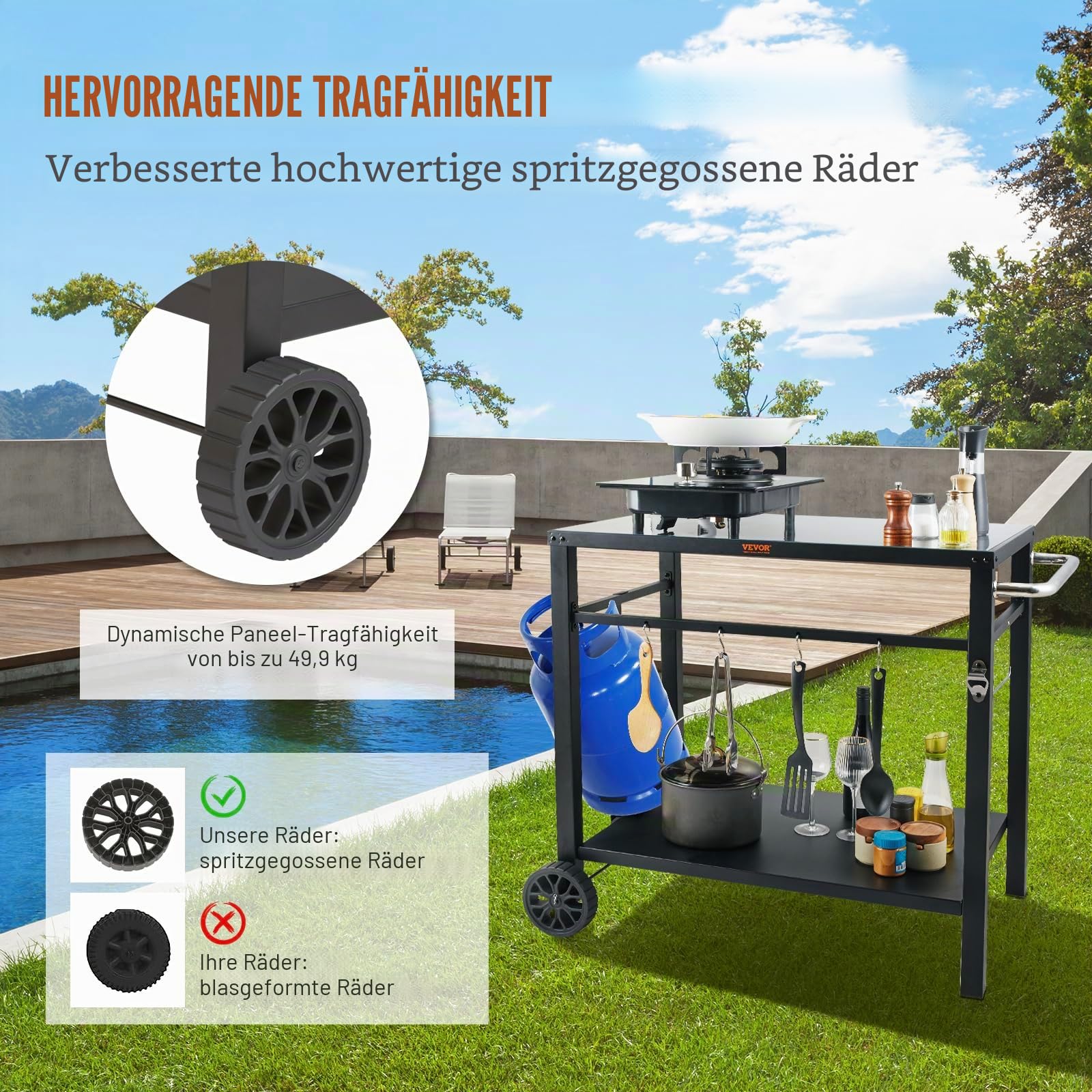 VEVOR Servierwagen Küchenwagen 100 x 64 x 83,5 cm Outdoor-Grill-Esswagen mit Doppelter Ablage, Beweglicher Grilltisch für die Zubereitung von Speisen, Multifunktionale Tischplatte aus Eisen Schwarz