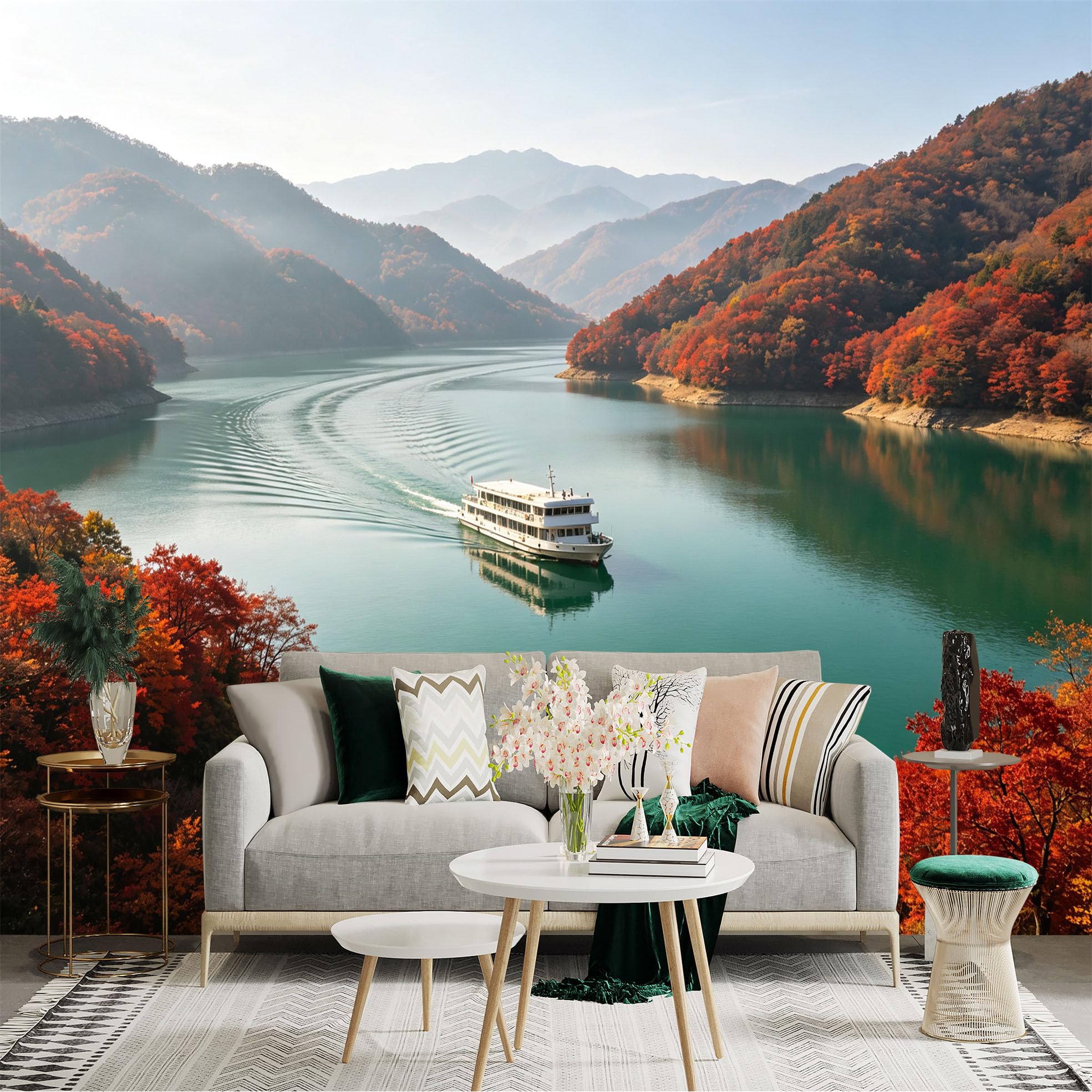 Custom Size Wall Sticker Mural， Cruise Ship on Lake， Autumn Red Maple Trees， Mountain Scenery， Peaceful Nature View， for wall Decoration， peelandstick wall Decals.