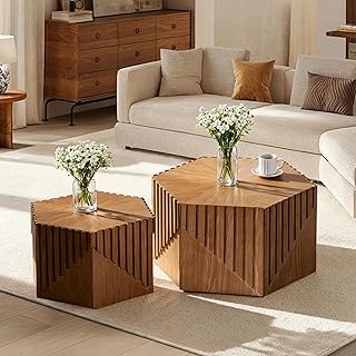 Hexagonal Nesting Coffee Table Set of 2, Wooden Fluted Coffee Table for Living Room, Mid Century Modern Center Table Space-Saving Small End Side Table for Bedroom, Farmhouse, Apartment, Office