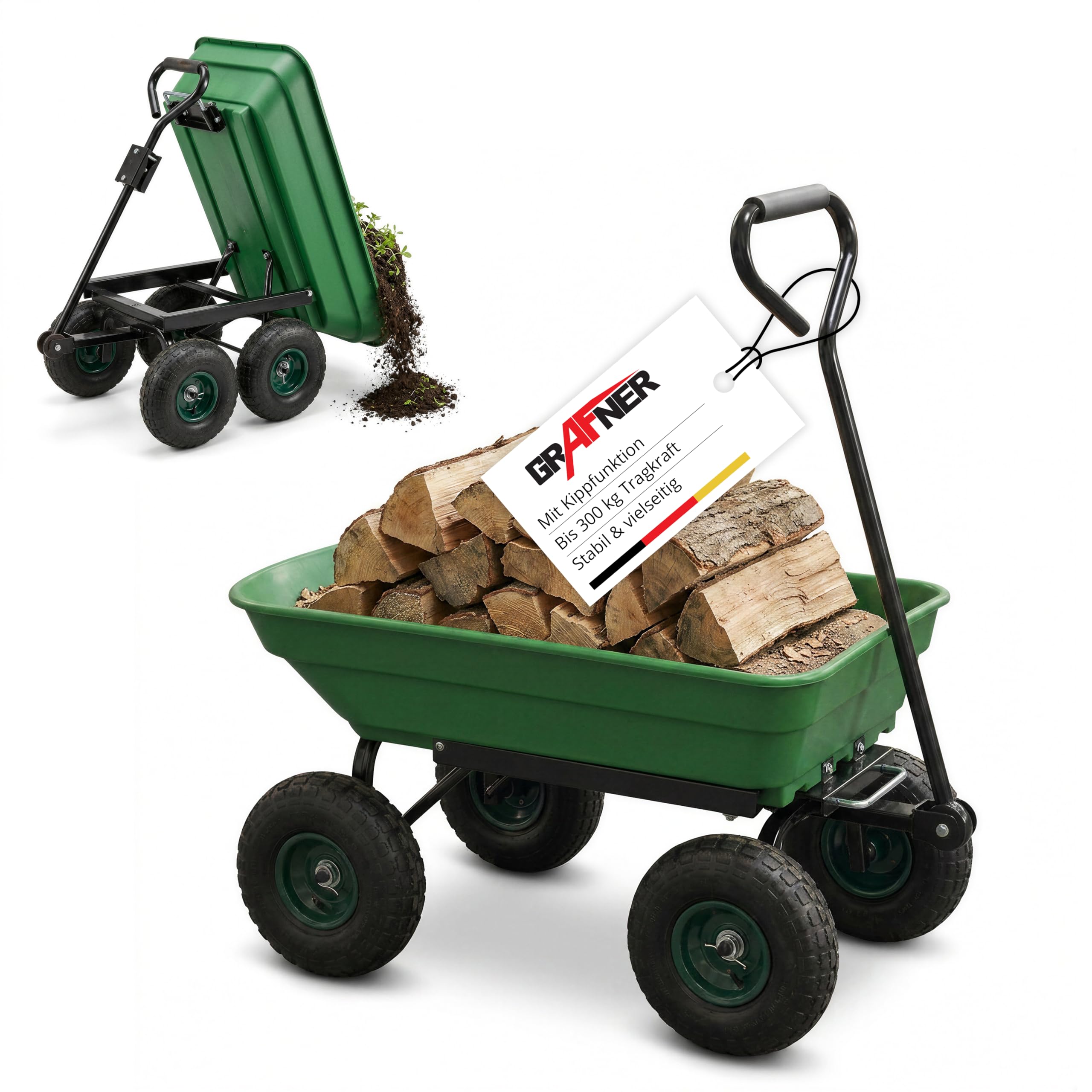 Grafner Gartenwagen mit Kippfunktion, belastbar bis 300 kg, 75 Liter Kunststoffwanne und Lenkachse, Luftbereifung, Transportwagen Gartenkarre Dumper Handwagen Schubkarre Bollerwagen