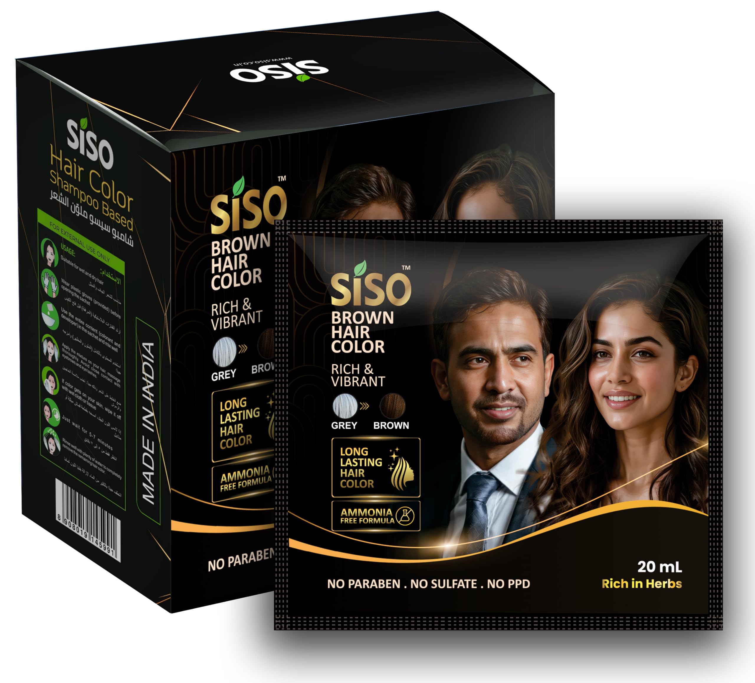 Siso Grey to Brown Permanent Hair Color Dye 200ml (20ml *10 sachet) | NO PPD, 100% Grey Coverage with Herbal Extracts-image-29