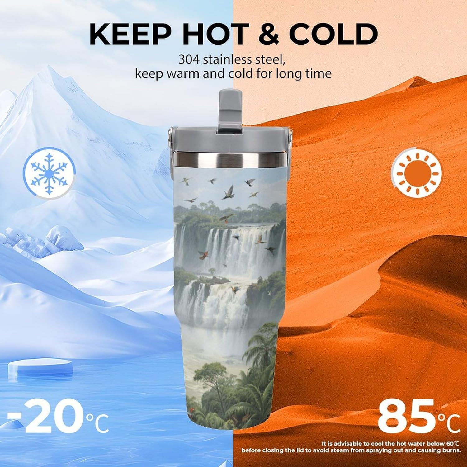 30 Oz Insulated Mug with Handle Lid And Straw Iguazu Falls Pattern Large Metal Sports Bottle Great for Gifts Parties Office Coffee