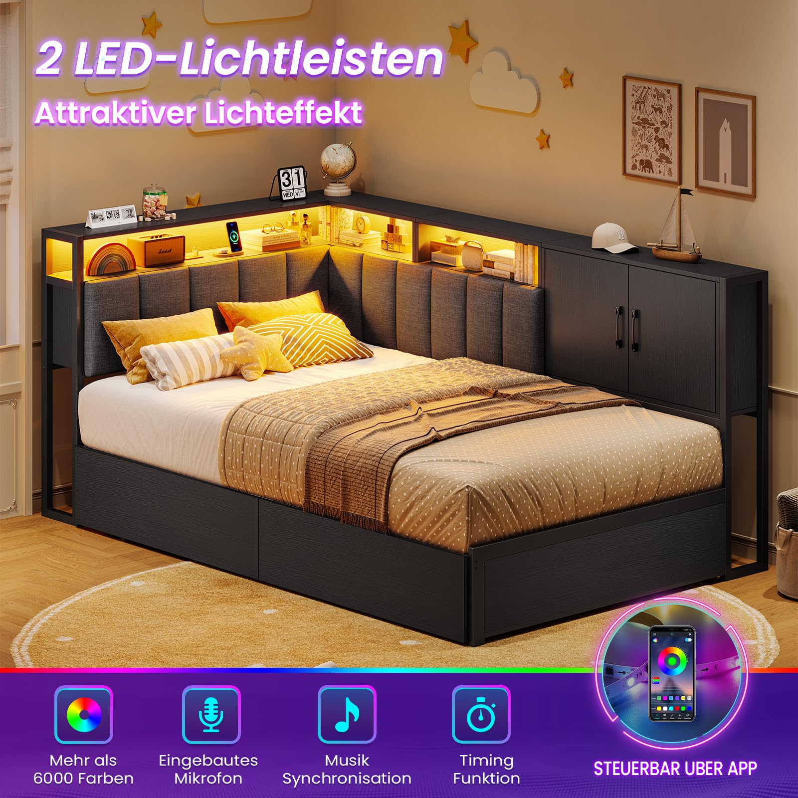KIMENICH Polsterbett Schlafsofa 90x200 mit LED-Beleuchtung, Ladestation, Tagesbett, Jugendbett mit 2 Schubladen und Lattenrost aus Metall, Kopfteil mit Offenem Regal, Schrank, Schwarz