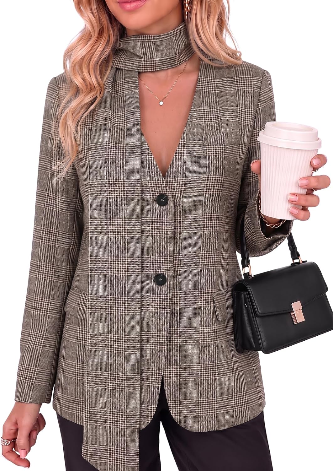Cicy Bell Womens Plaid Casual Blazers V Neck Button Down Suit Jackets | Removable Scarf, Long Sleeve, Pockets, Relaxed Fit, Business Casual, Fall Winter