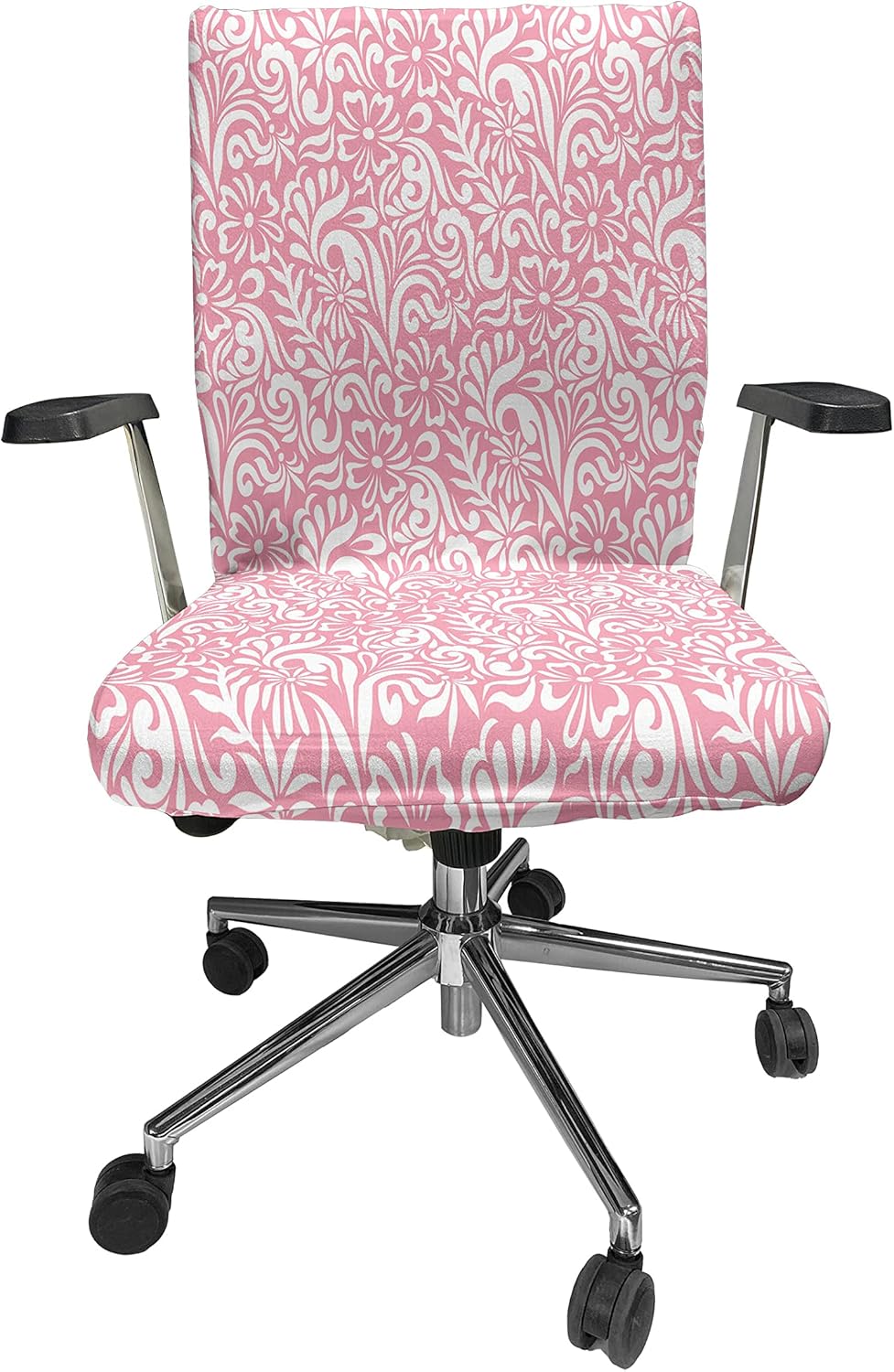 Ambesonne Pink Damask Office Chair Cover, Monochrome Simplistic Romantic Cartoon Flowers Leaves Continuous Pattern, Stretchable Decorative Universal Size High Back Printed Slipcover, White Pink