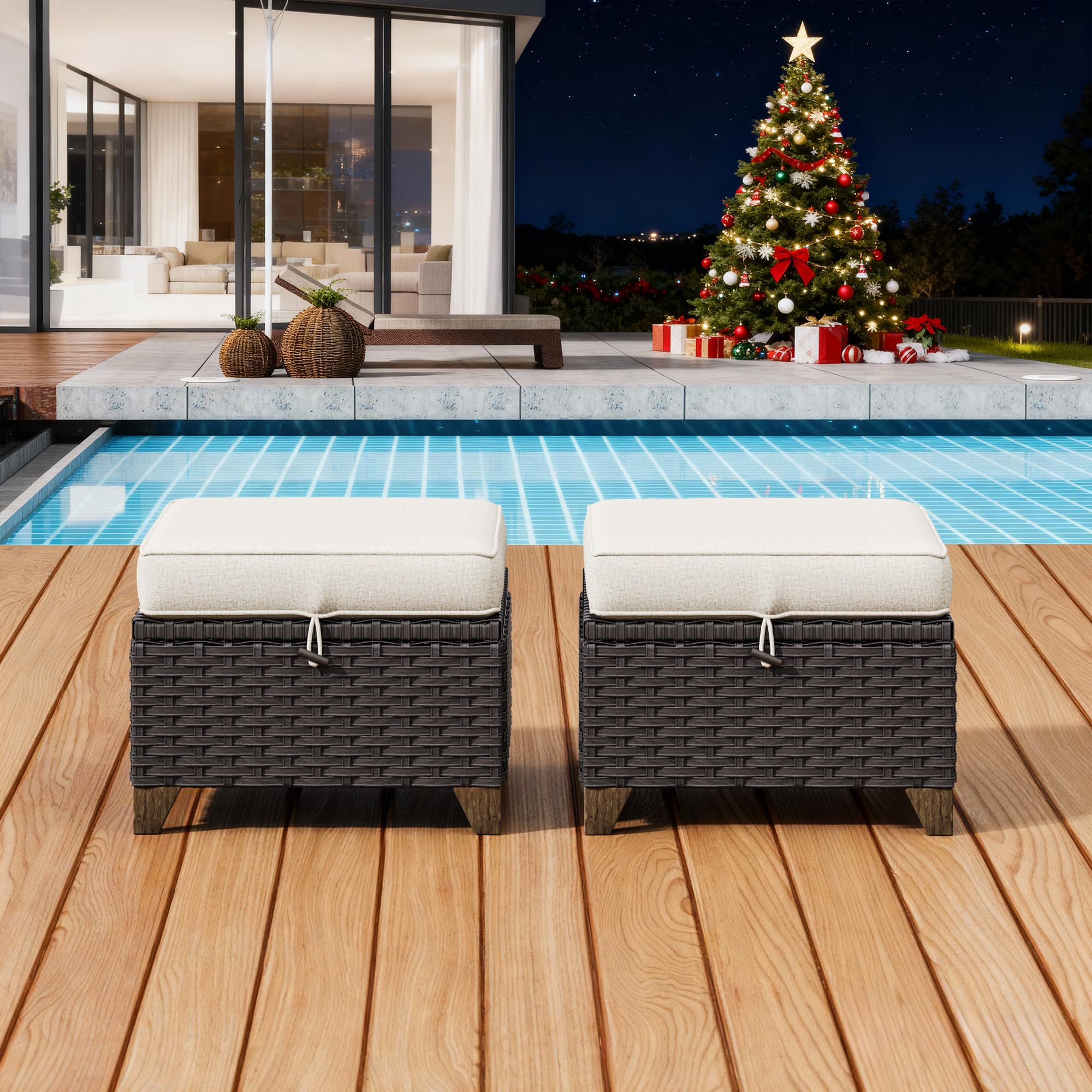 2 Pieces Patio Outdoor Ottomans with Removable and Washable Covers，PE Rattan Wicker Footstools for Porch, Garden, Sunroom (Beige)