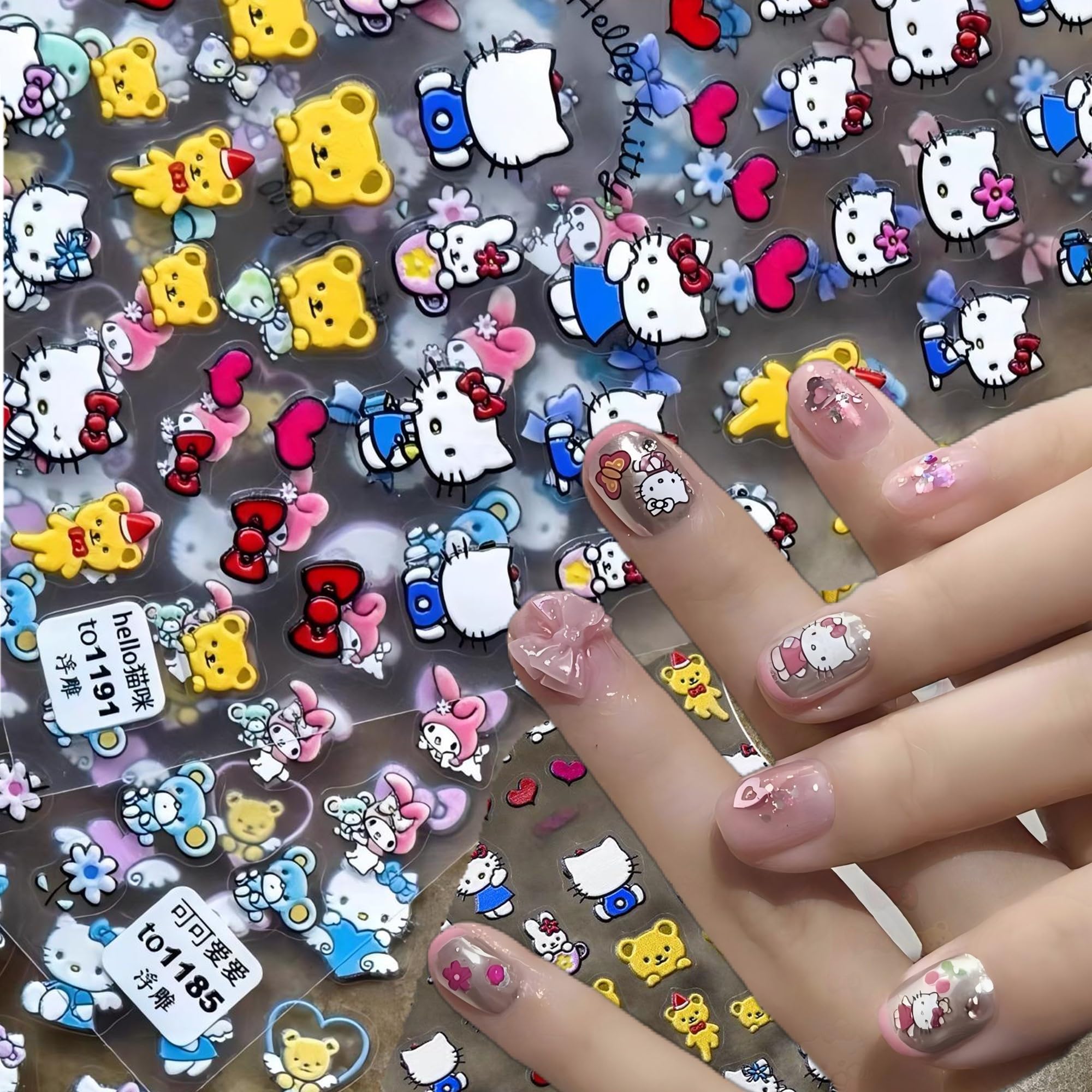 Dedyel Cute Cartoon Nail Art Stickers Cat Nail Stickers for Nail Art Cute Cartoon Embossed Nail Stickers 3D Self Adhesive Nail Sticker Anime Kawaii Design Nail Stickers for Girls Kids Women (3 Sheets)