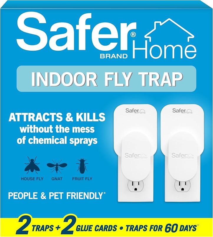 Safer Home Flying Insect Trap, Plug-in Fruit Fly Trap for Indoors, 2-Pack | Flying Insect, Moth, & Gnat Trap, Fruit Fly Killer, Fly Catcher, 24/7 Catch, Chemical-Free, 2 Traps + 2 Glue Cards, SH502-2SR
