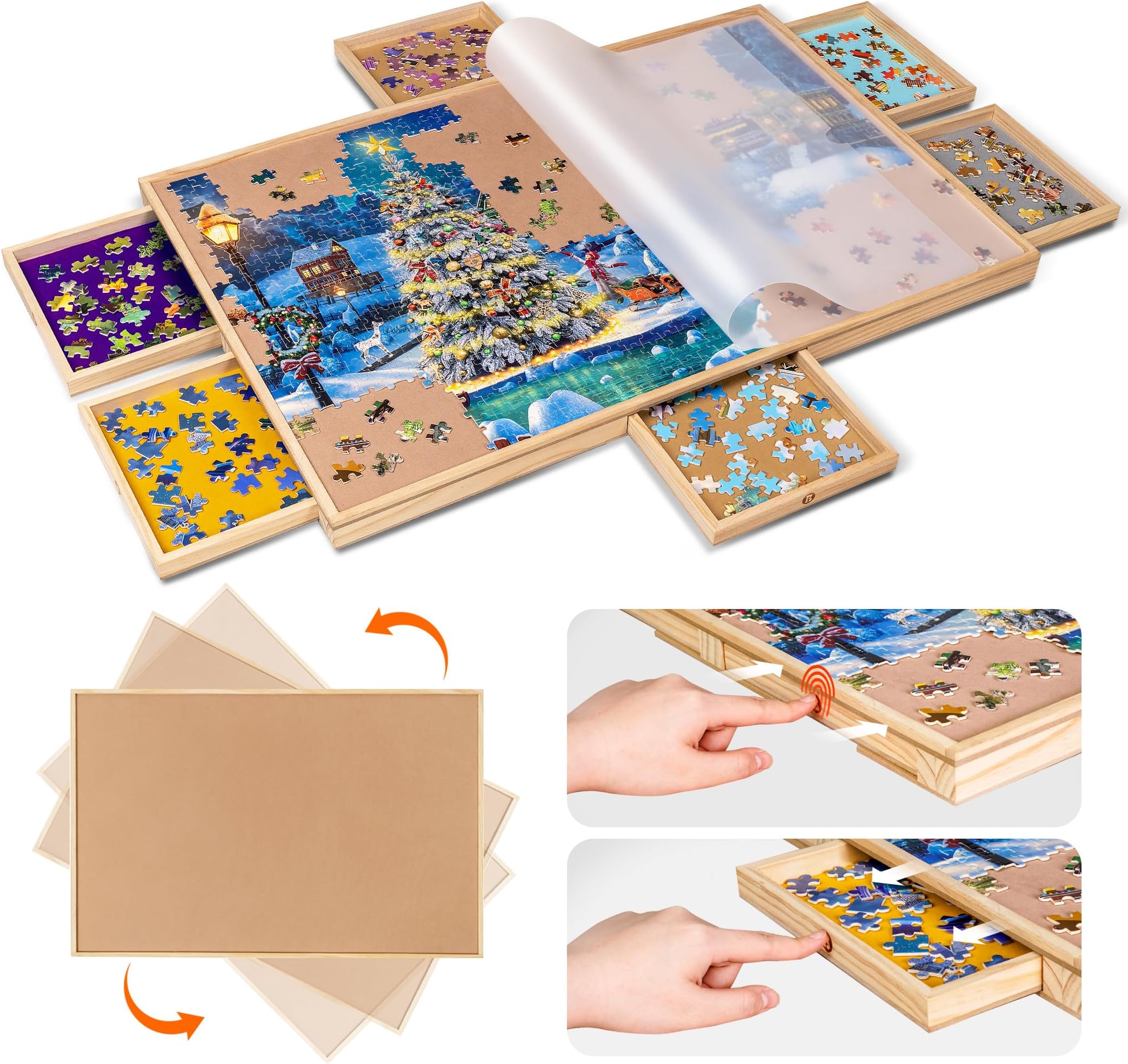 Becko US 1000 Piece Rotating Puzzle Board with 6 Sorting Drawers & Clear PP Cover, Push to Open Design, Spinning Puzzle Table with Lazy Susan for Adults, for Jigsaw Puzzles 1000 Piece