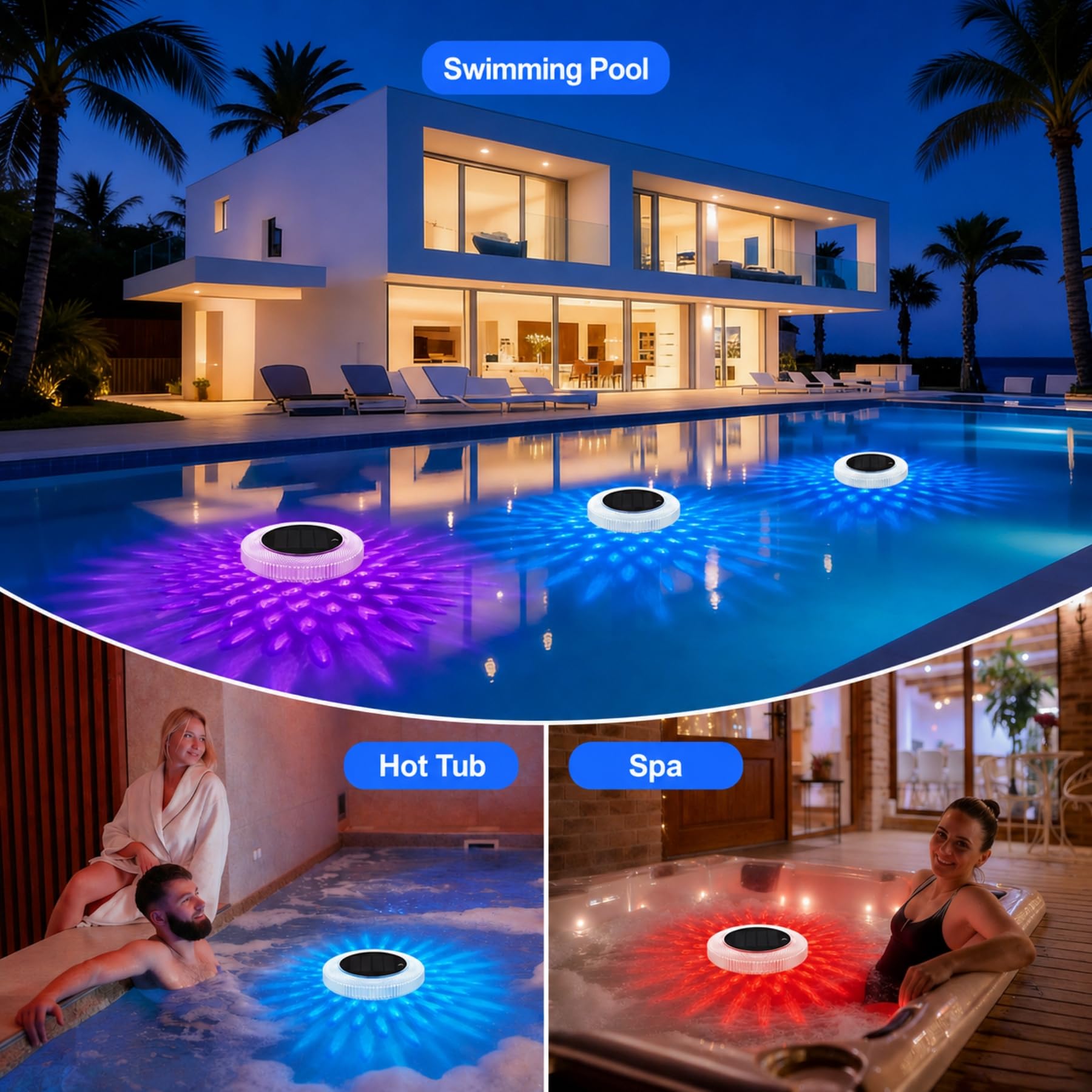 sylvwin Ionizador de piscina solar con ánodos de cobre, purificador de agua flotante con ánodo de cobre para piscinas, iluminación solar de piscina, luces solares RGB, purificador de agua para