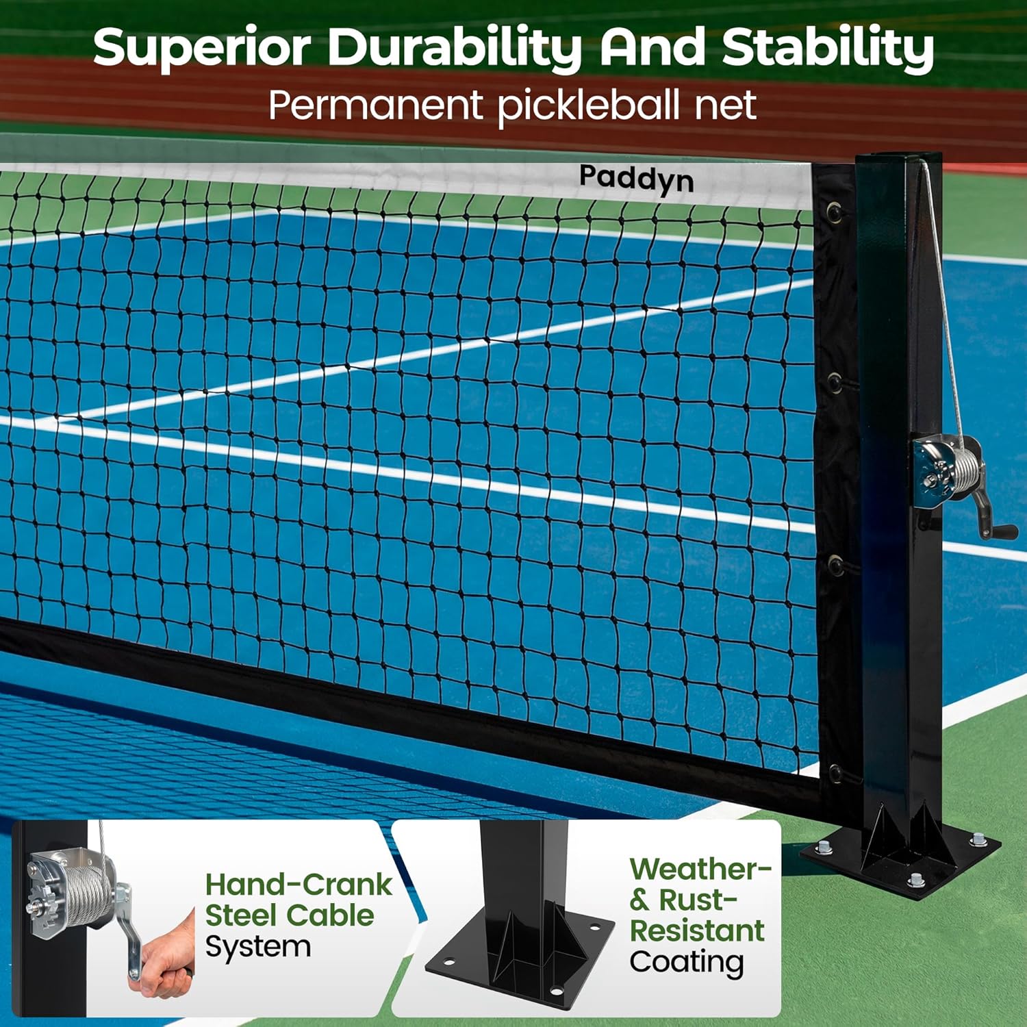 Permanent Pickleball net System with Hand-Crank Tension,Heavy Duty Steel Frame Pickleball net for Driveway,PRO Pickleball Net,Tournament-Spec 22ft x 36in Backyard,Club,School