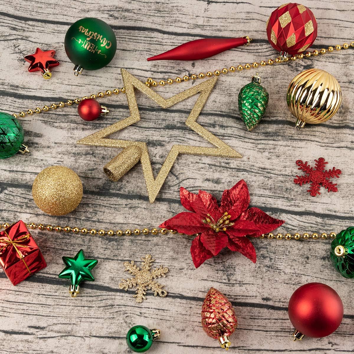 ITART 129ct Christmas Tree Ornaments Decorations Assortment Including Tree Topper Balls Snowflakes Stars Pine Cones Miniature Gift Boxes Poinsettia Beads Garlands Finial (Red, Gold and Green)