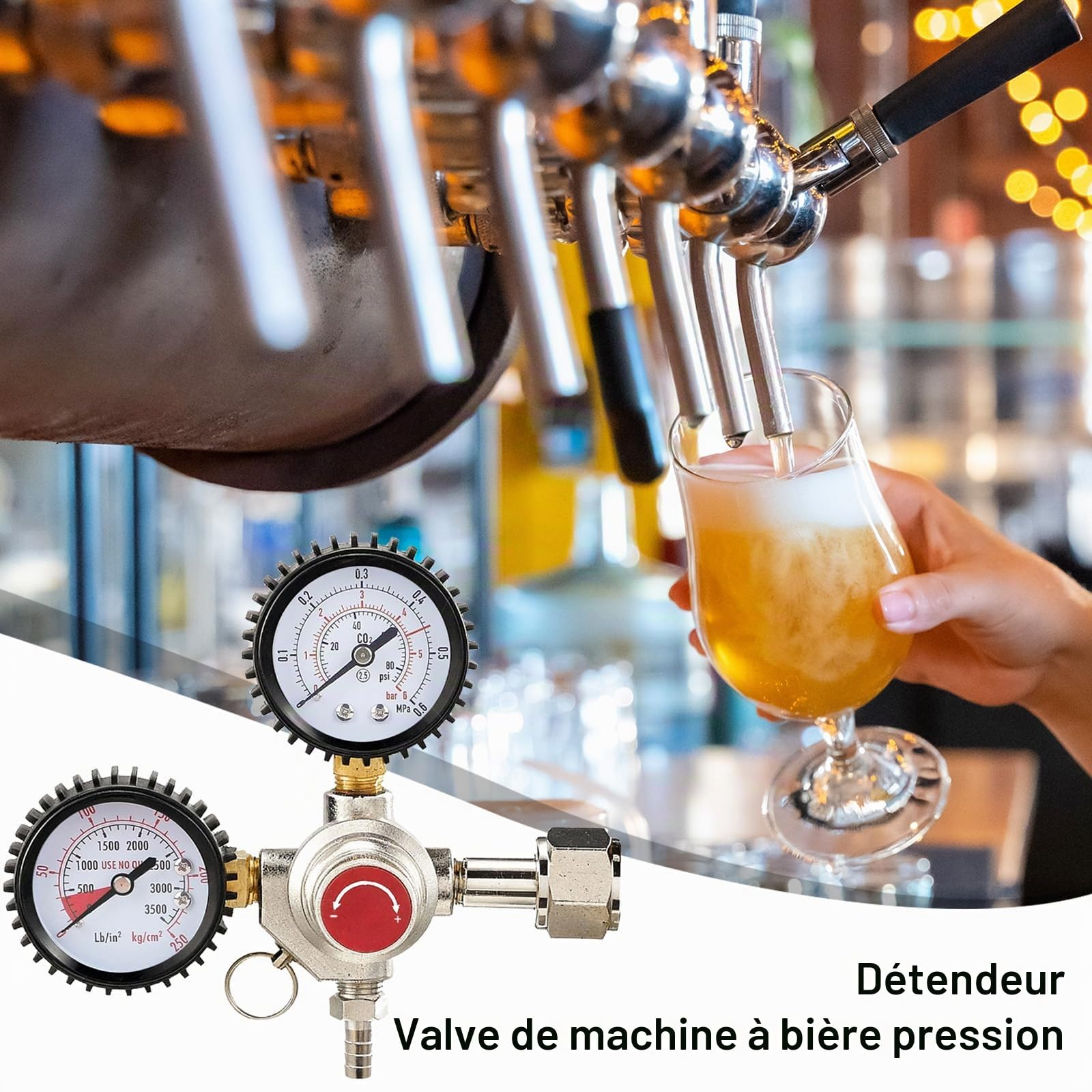 CO2 Réducteur de Pression, Réducteur de Pression du Système de Distribution de Bière avec 2 Manomètres Raccord W21,8 x 1/14" Régulateur de CO2 pour Système de Distribution de Bière