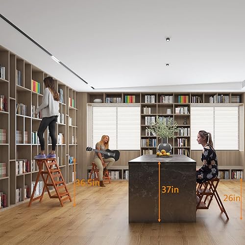 Miniatura 14 de KINGBO Taburete para adultos/escalera/silla de mostrador, taburete plegable de madera portátil de 3 escalones, antideslizante y ligero (tuerca -