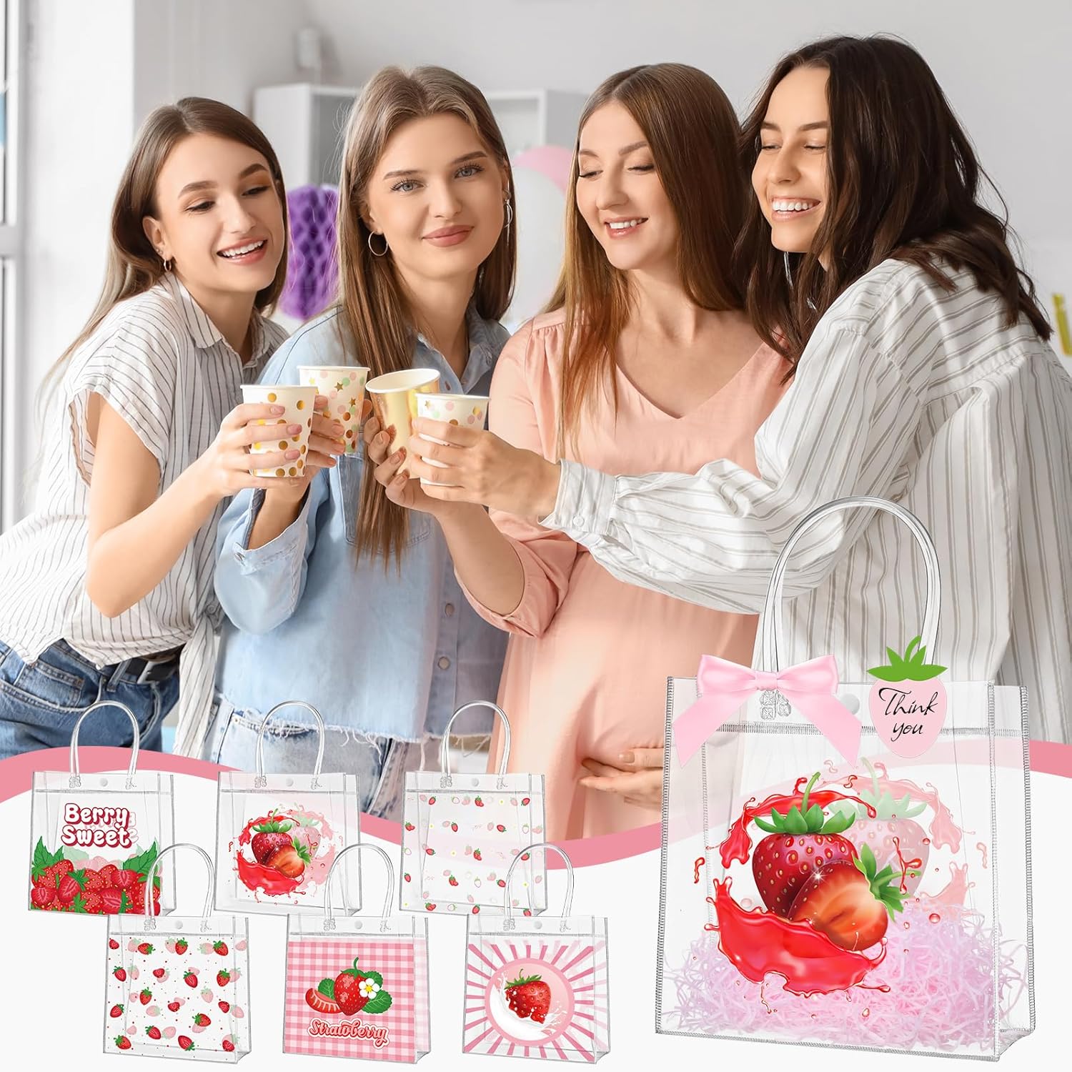 Sweetude 24 Set Strawberry Clear Gift Bags Candy Bag with Handle 8 x 8 x 3 Inch Cute Reusable Plastic Tote Bags with Ribbon Bows for Wedding Birthday Baby Shower Party Supplies