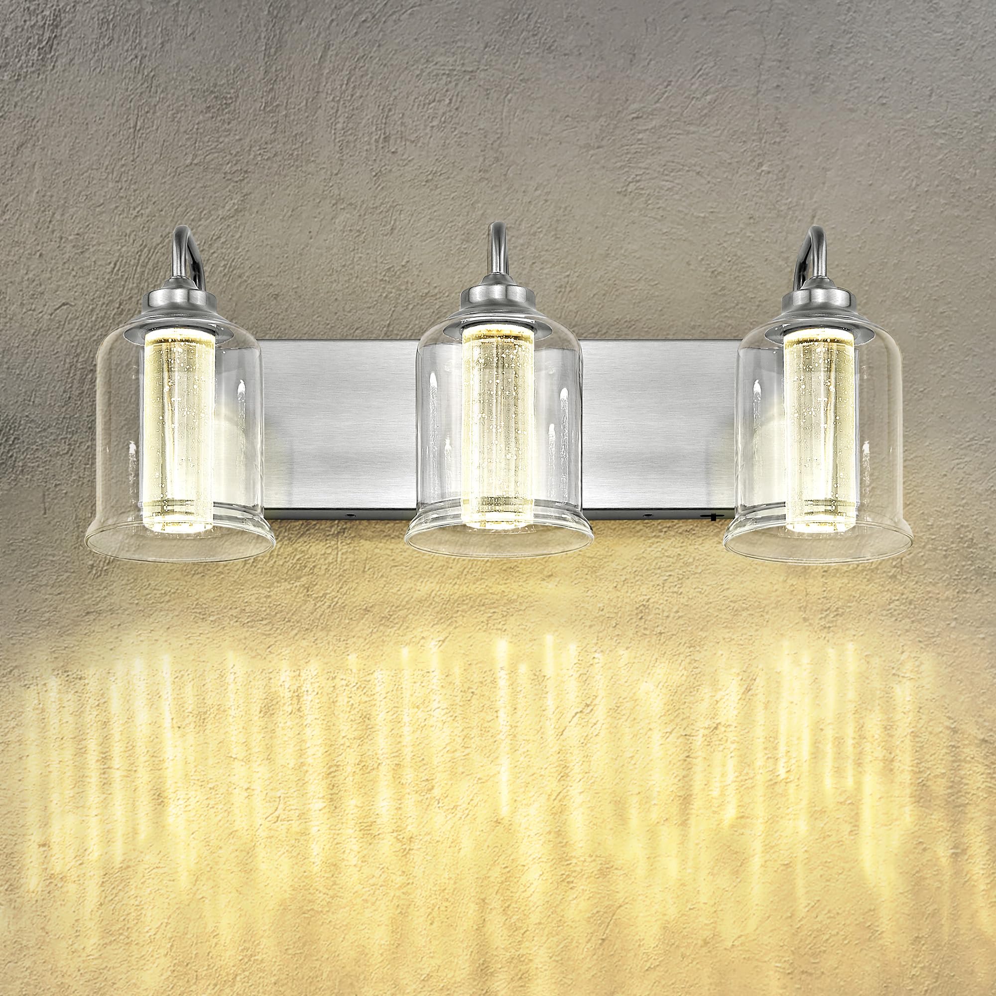 zeyu 18W Modern LED Vanity Light Fixture, 3 Light Bathroom Wall Sconce with 5 Color Modes, Brushed Nickel Finish with Crystal Bubble and Clear Glass, ZSL72B-3W LED BN
