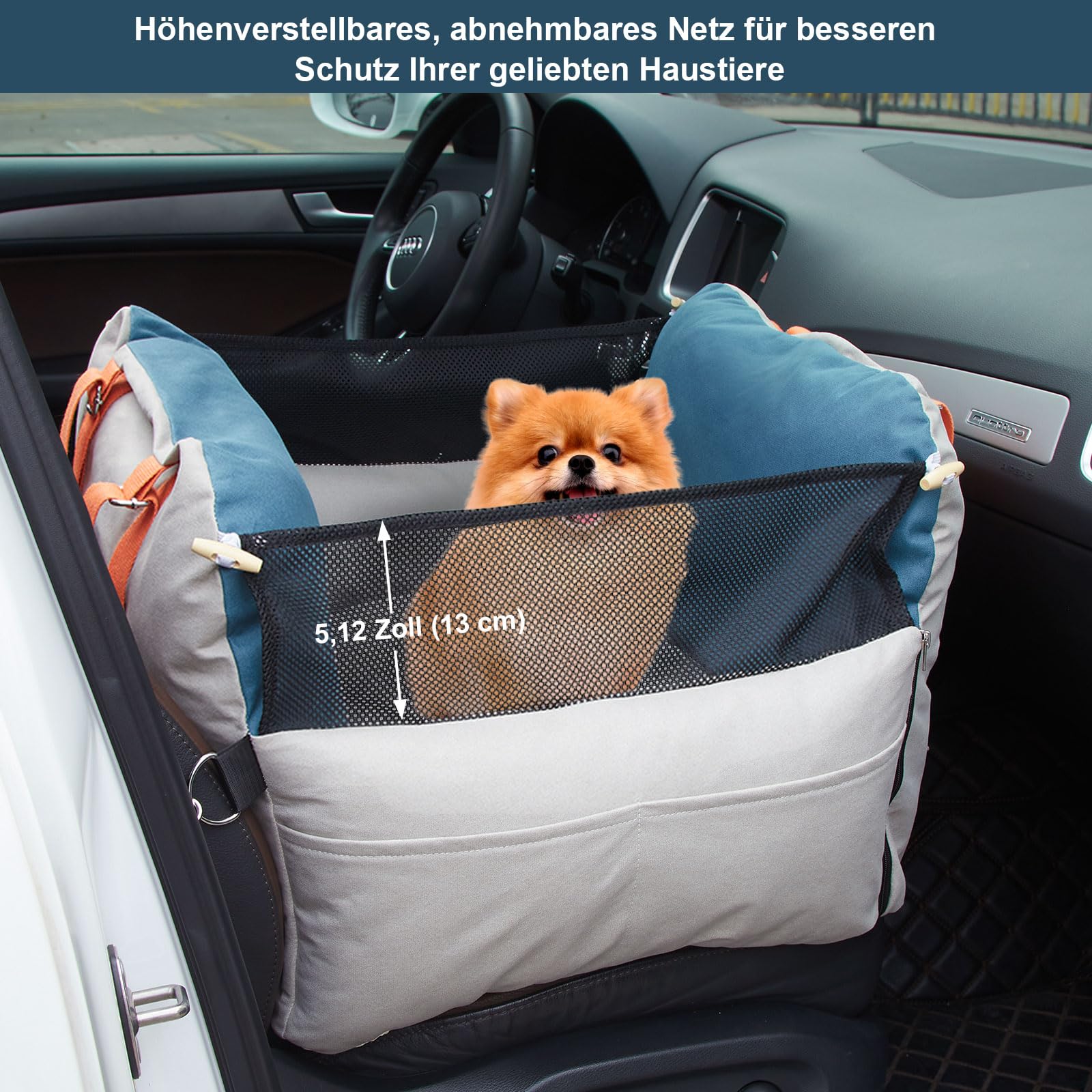 Ownpets Hunde Autositz Klein-Mittel, waschbar & erhöht, Mit Sicherheitsgurt | 3-in-1: Tragetasche & Sofa, Oxford-Stoff kratzfest, Reduziert Reiseangst, Werkzeuglose Montage