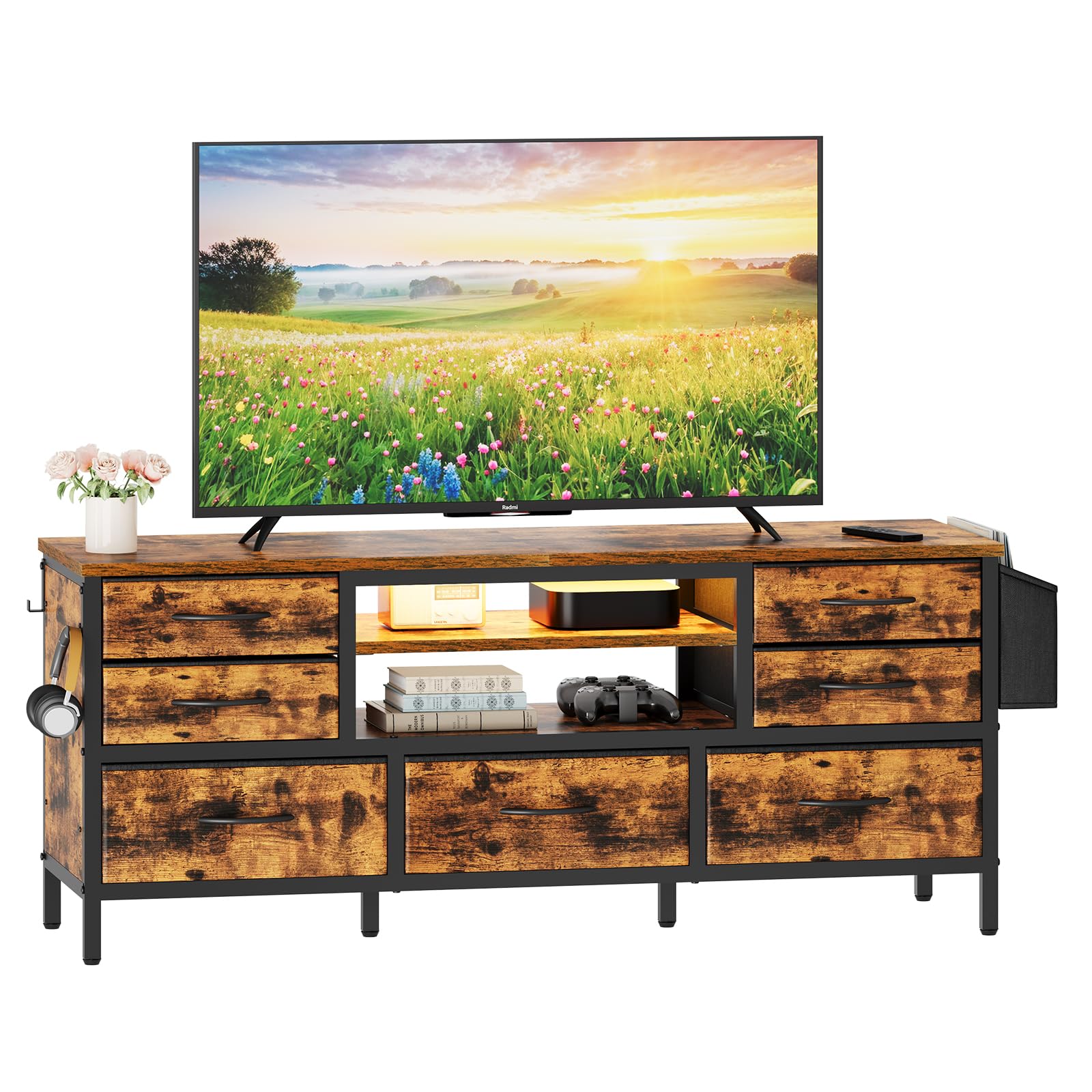 scaffale tv con cassetti e luci led in stile industriale
