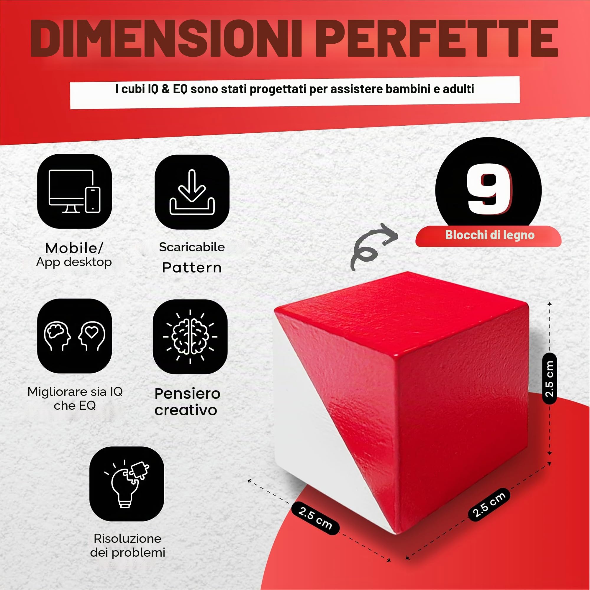 PrfcNL Blocchi di Prova IQ - 9 Cubi in Legno Bianco e Rosso con 60 Modelli e App Mobile, Ideali per WISC, WAIS, Prep WPPSI, Giocattolo Regalo Montessori Educativo STEM per Tutte le Età