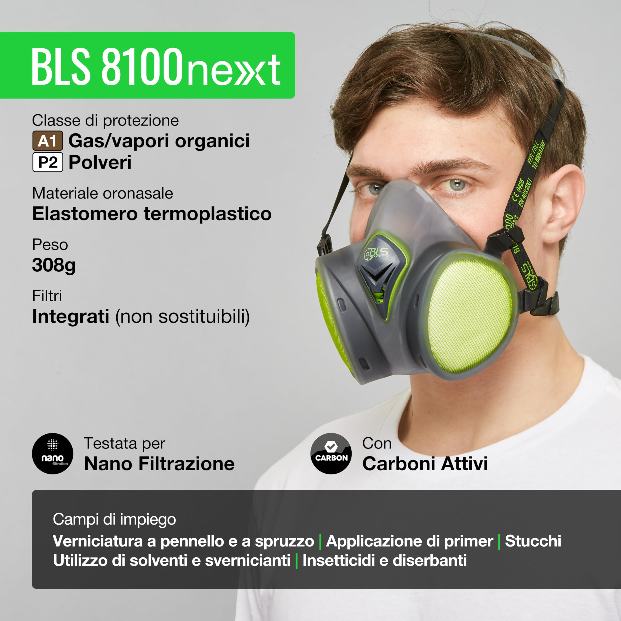 BLS 8100next A1P2 R D Semimaschera Protettiva in TPE con Filtri A1P2 Integrati, Pronta all'Uso e Senza Manutenzione. Per Polveri, Cattivi Odori, Falegnameria, Edilizia e Fai da Te