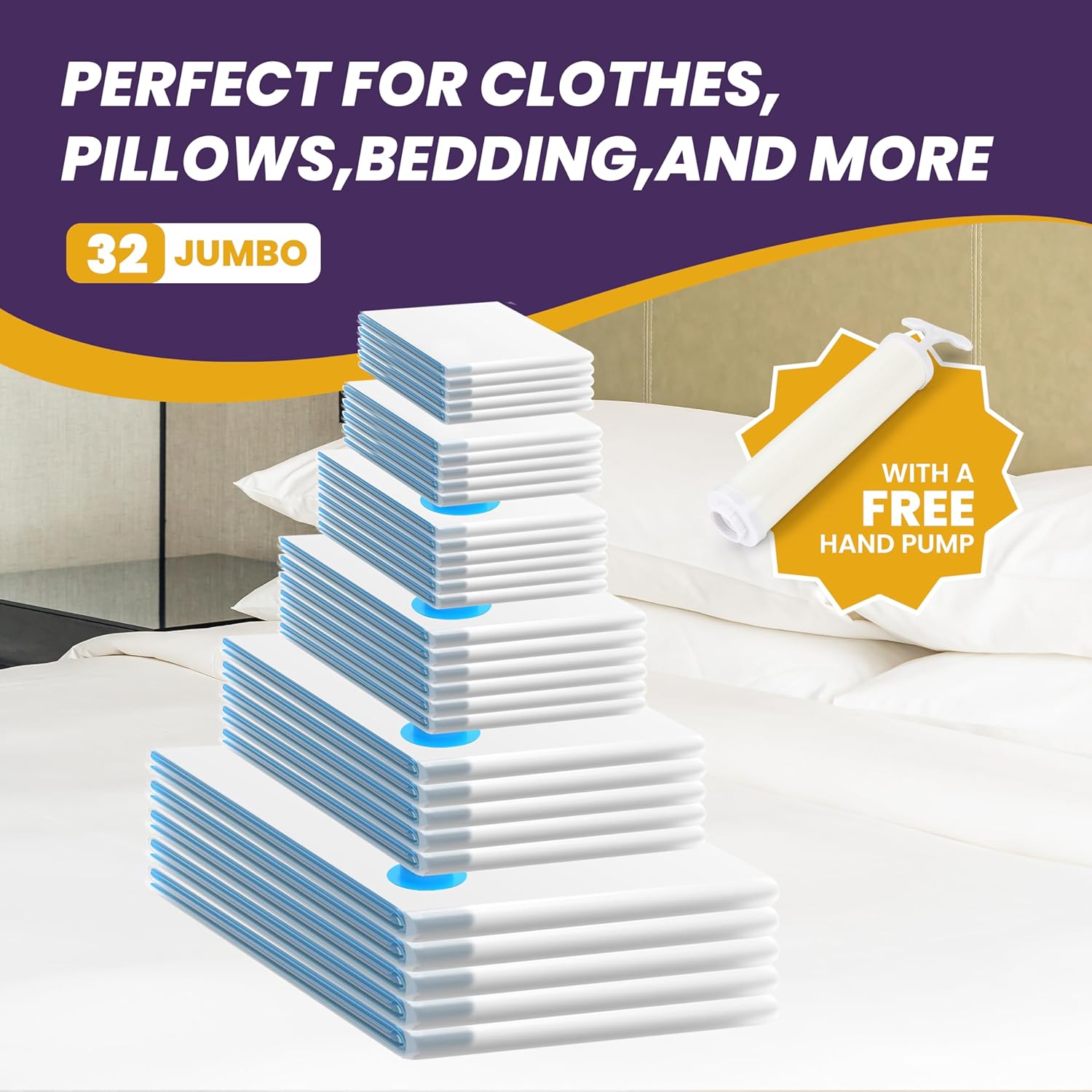 Vacuum Compression Zipper Storage Bags with Hand Pump, Multiple Pack of 64 (5 Jumbo, 5 Large, 6 Medium, 6 Small, 5 Roll M, 5 Roll S), Clear