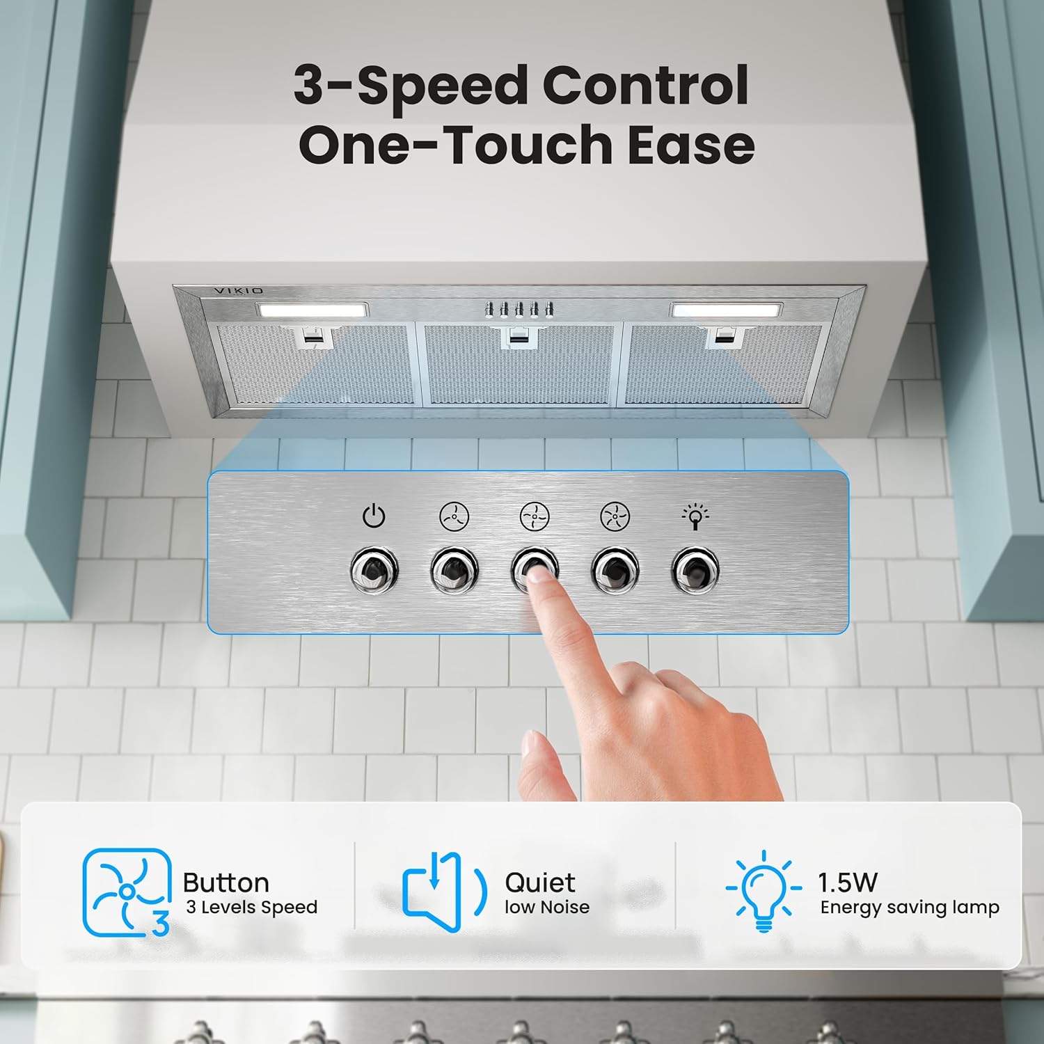 Close-up of the 3-speed push button controls on the range hood