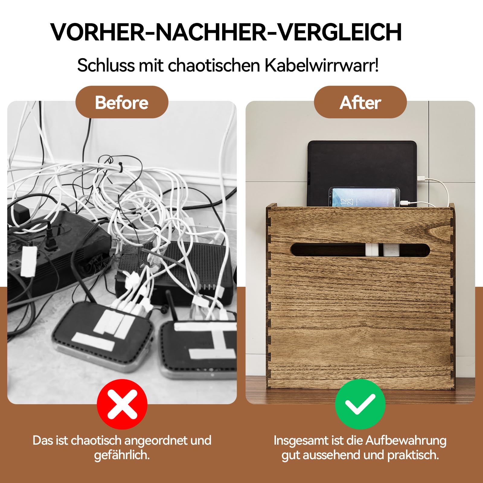 KIRIGEN Routerbox Holz, Kabelmanagement-Box, 3 Ebenen, Dunkelbraun | 41 x 14 x 40 cm, für WLAN-Router, Netzteil, Steckdosenleiste und Kabel, Paulownia-Massivholz, handgefertigt, fertig montiert