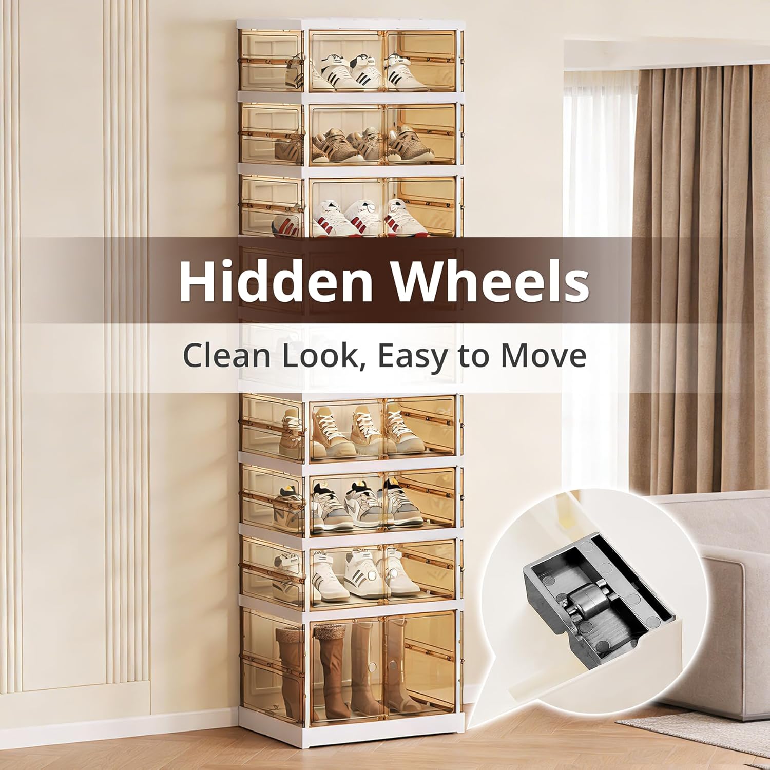 Foldable Collapsible Shoe Box Organizer Rack – 9 Tier Stackable Clear Sneaker Storage Boxes with Lids, Folding Shoe Cabinet Shelf, Plastic Portable Storage Bins with Easy Assembly for Closet Entryway