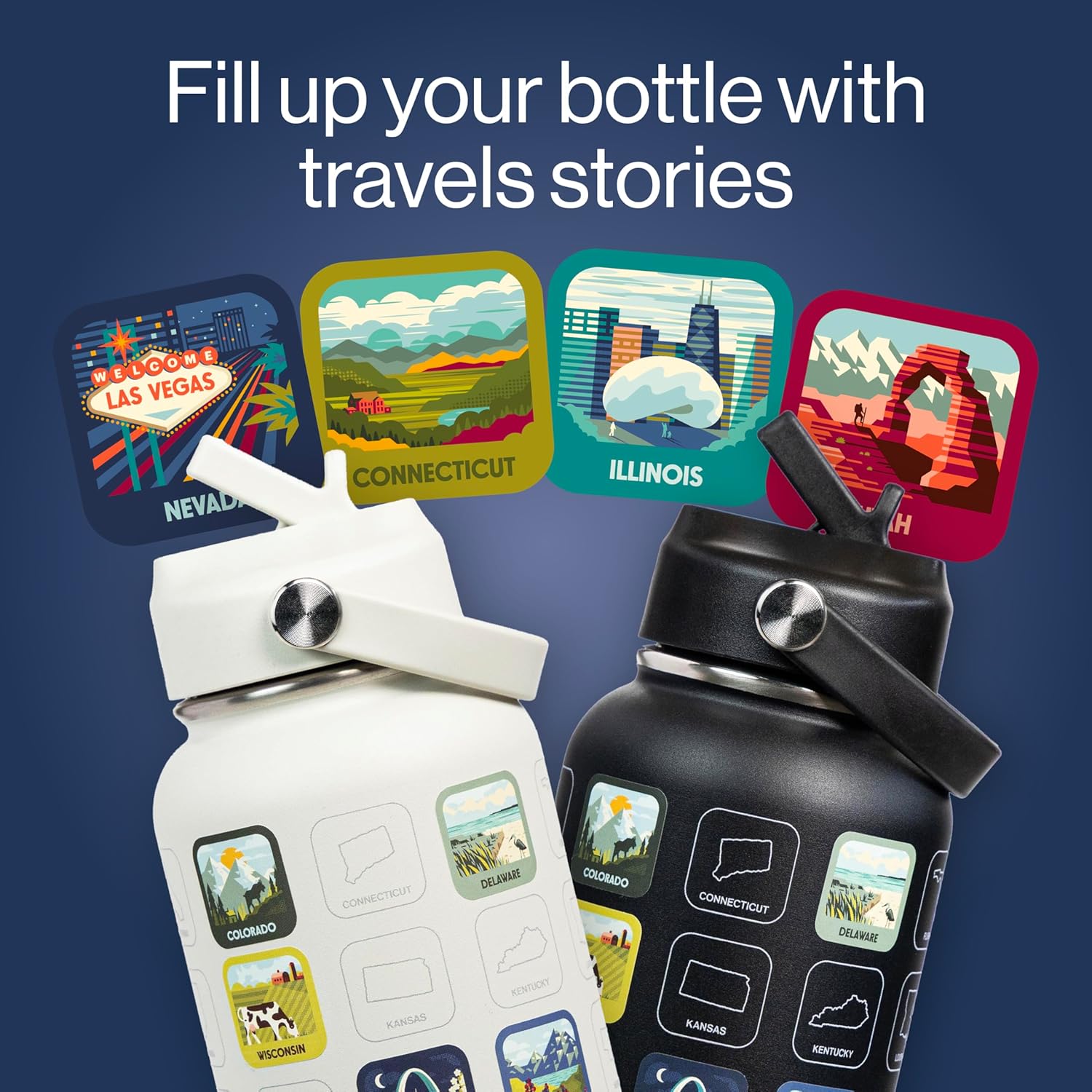 THE GEOPROJECT 50 States Bucket List Water Bottle with Stickers - 32oz Leakproof Insulated Stainless Steel with Straw & 50 States Water Bottle Stickers (Tan) - Image 4