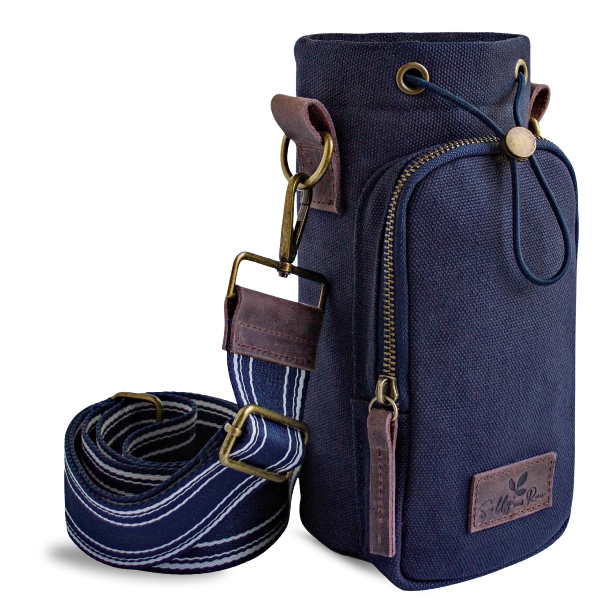 Water Bottle Holder With Wide Strap and Pocket | Insulated | Genuine Leather | Durable Cotton Canvas | 16 to 32 oz