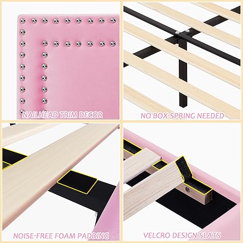 Miniatura 284 de VECELO Base de cama de tamaño matrimonial con cabecera tapizada ajustable, plataforma de listones de madera, diseño sin ruido, fácil montaje Negro